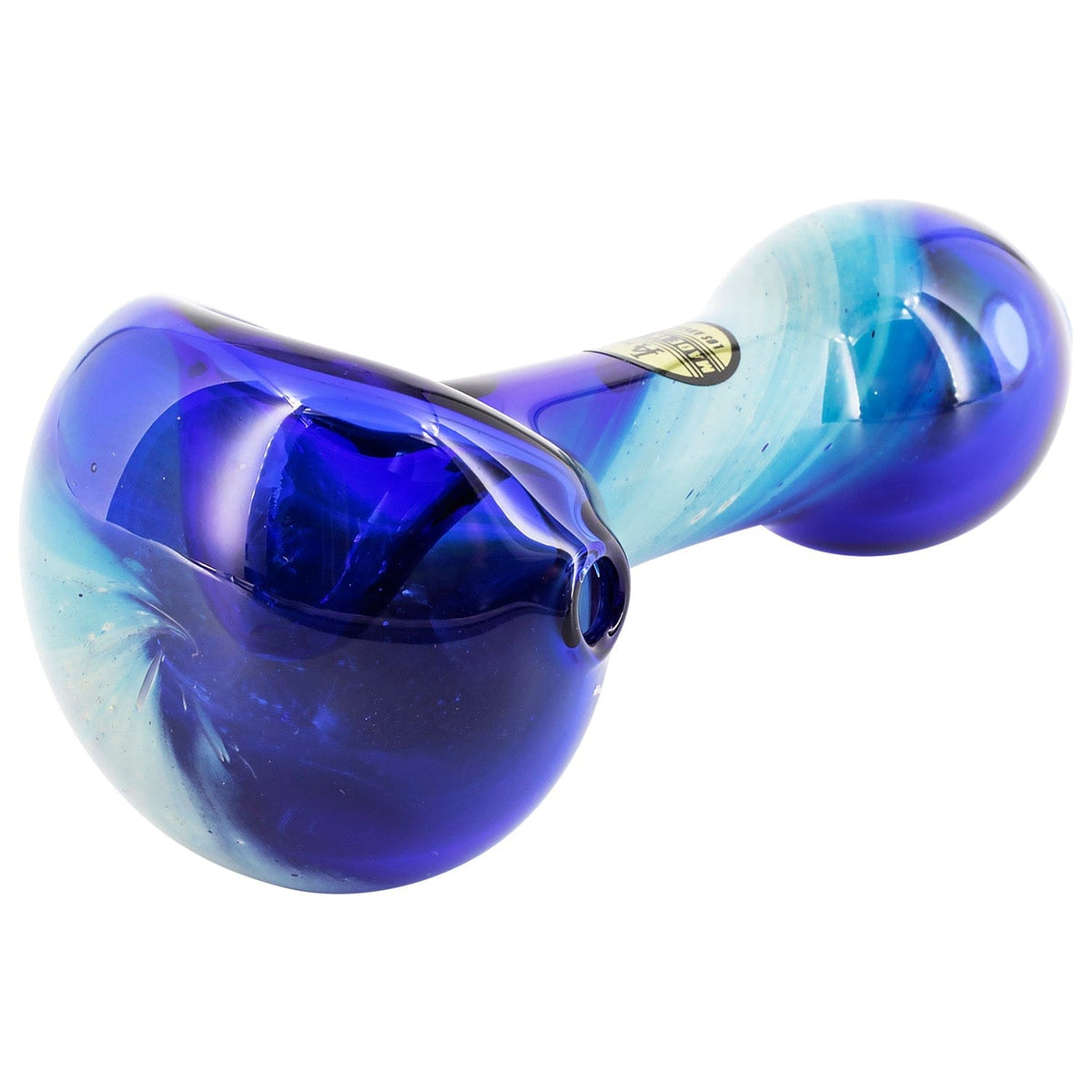Angled close-up of the LA Pipes Fumed Galaxy Spoon Pipe showing its glossy blue and aqua swirled glass bowl and curved stem against a white background