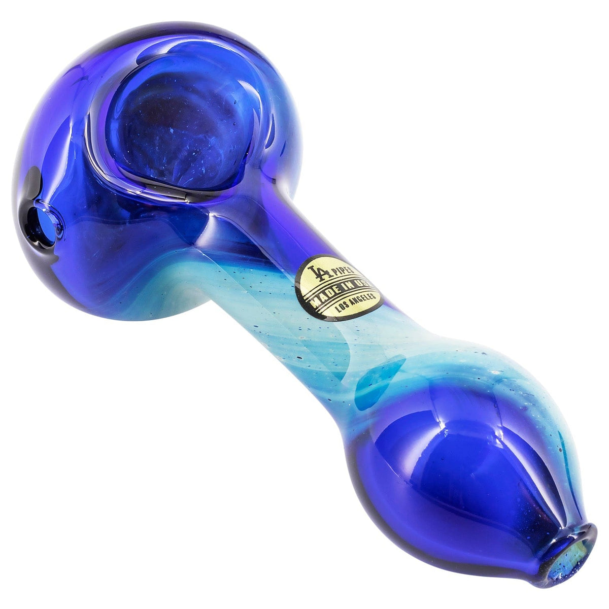 Angled close-up of the LA Pipes Fumed Galaxy Spoon Pipe showing its deep blue and aqua swirled glass bowl and stem with a gold "Made in USA" decal.