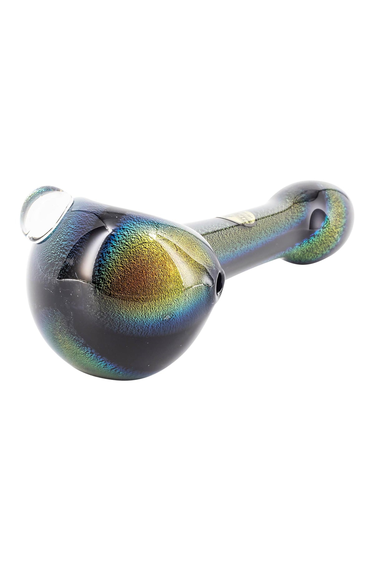 A three-quarter view showcases the Galactic Storm Full Dichro Spoon Pipe, featuring a swirling dichroic glass pattern.