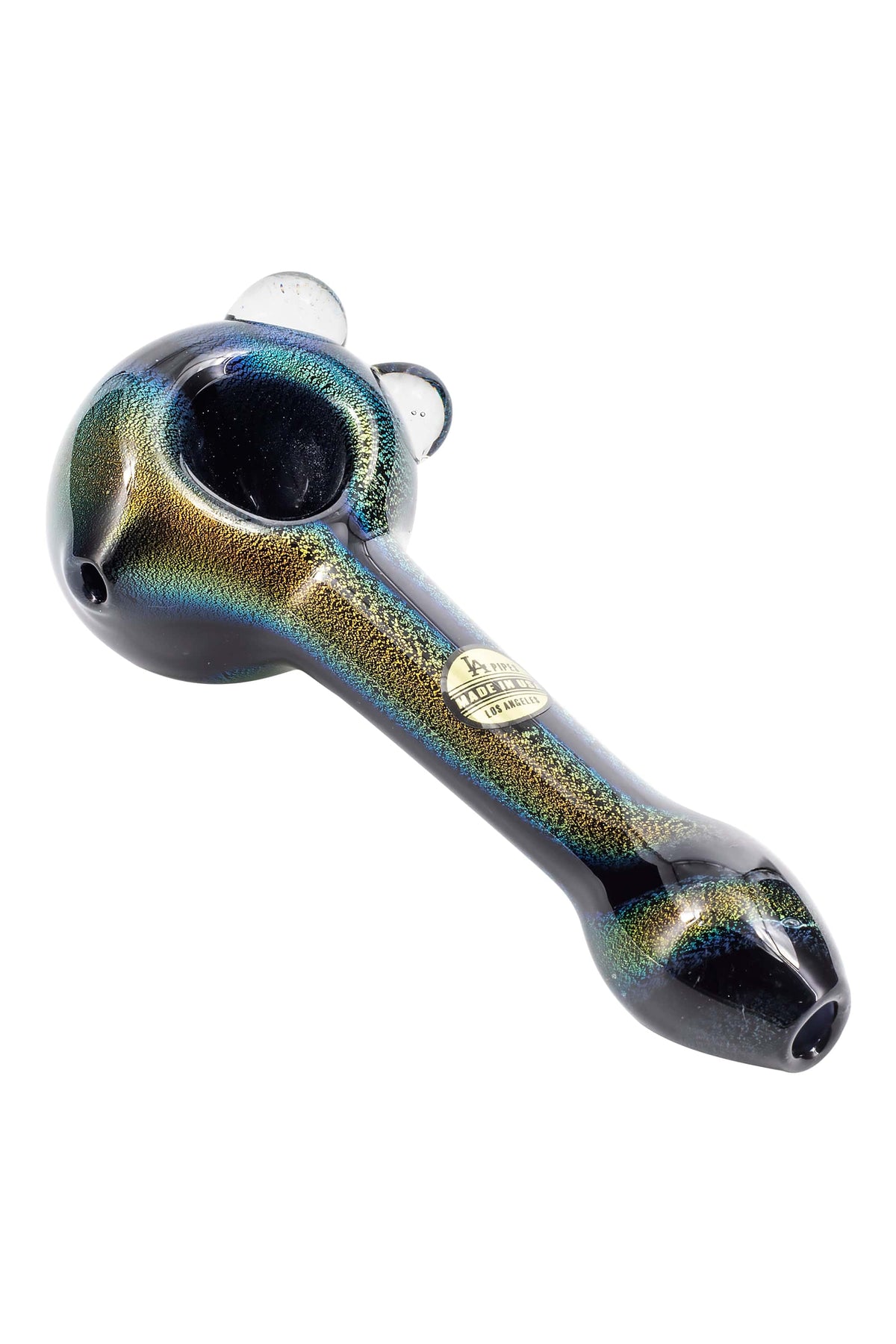A side view of the Galactic Storm Full Dichro Spoon Pipe, showcasing its colorful dichroic glass pattern and curved design.