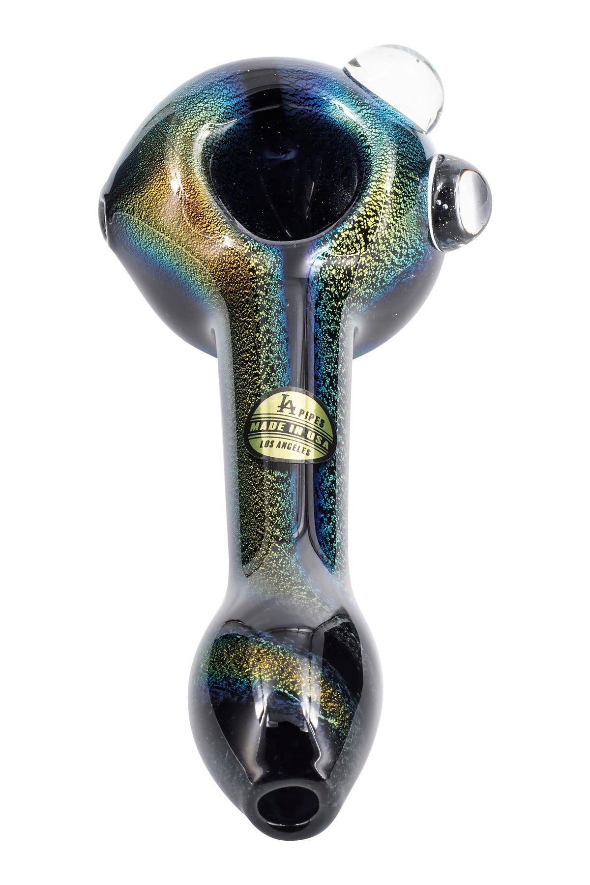 A studio shot of the Galactic Storm Full Dichro Spoon Pipe, showcasing its iridescent, swirling colors and curved shape.
