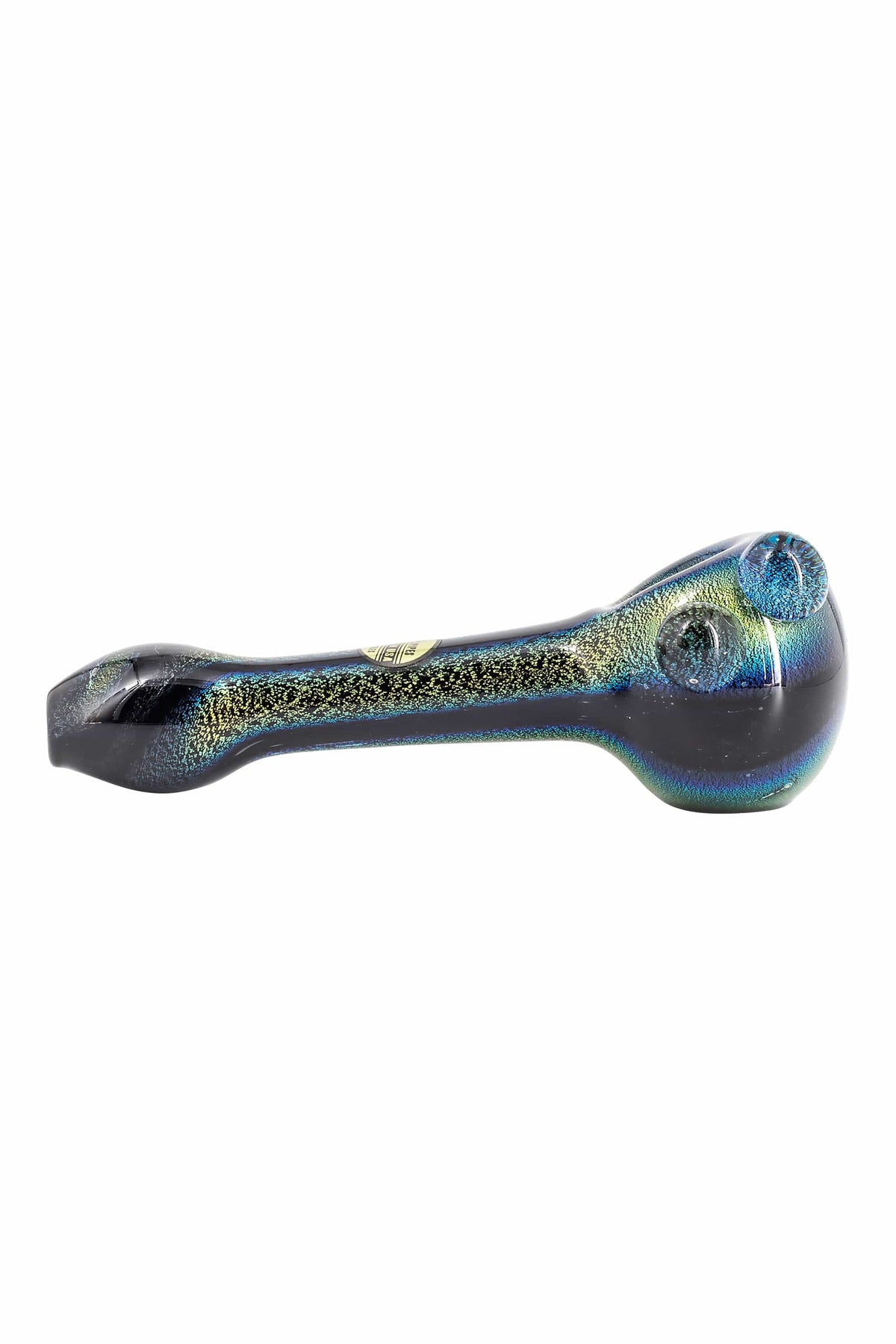 Side view of the Galactic Storm Full Dichro Spoon Pipe, showing the colorful, iridescent glass curved into a spoon shape.