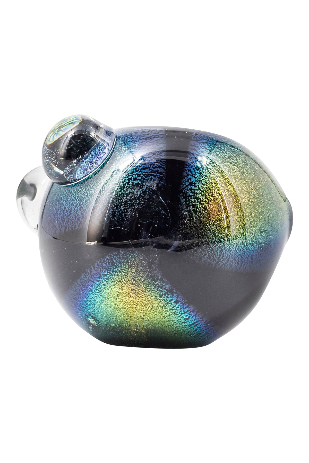 A close-up studio shot of the Galactic Storm Full Dichro Spoon Pipe, displaying iridescent colors and a smooth, curved design.