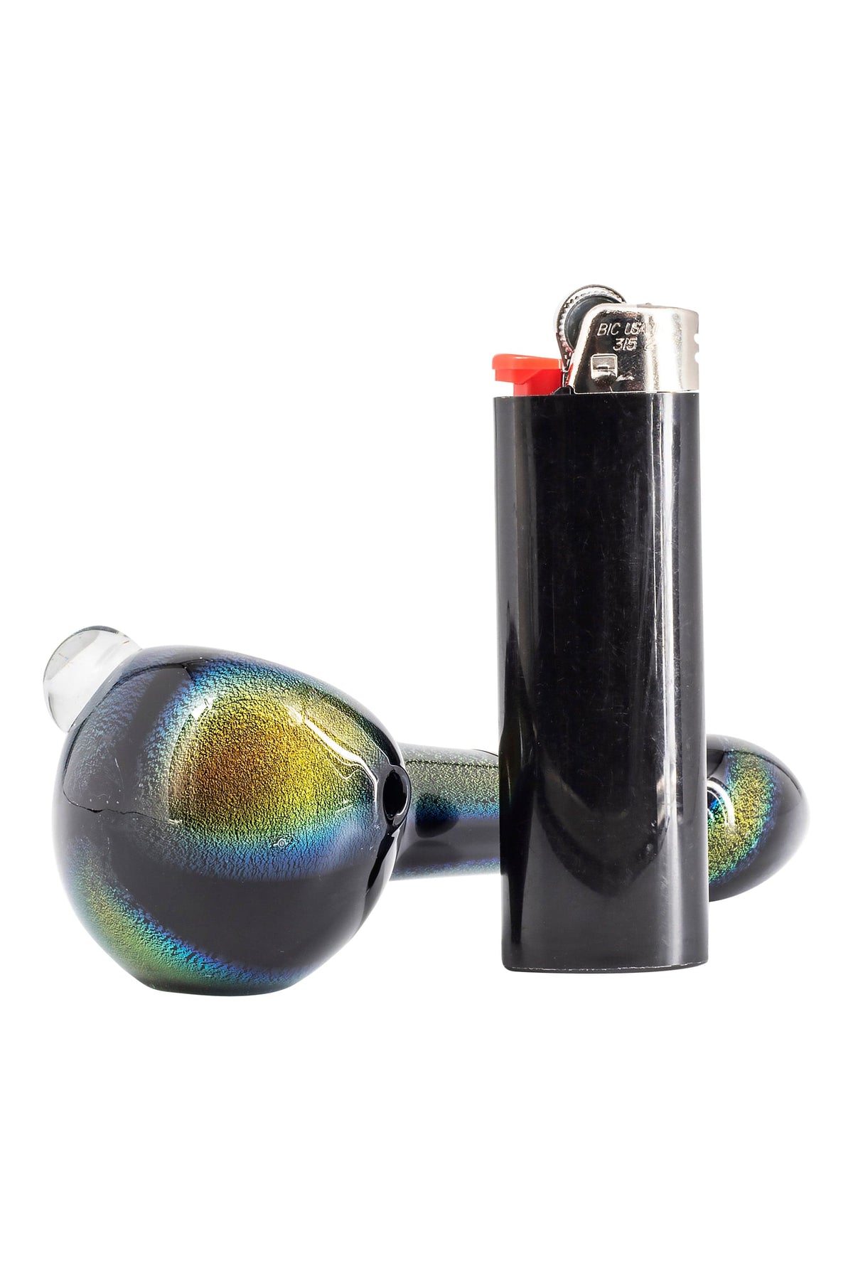 A close-up, angled view of the Galactic Storm Full Dichro Spoon Pipe, showcasing its iridescent dichroic glass finish.