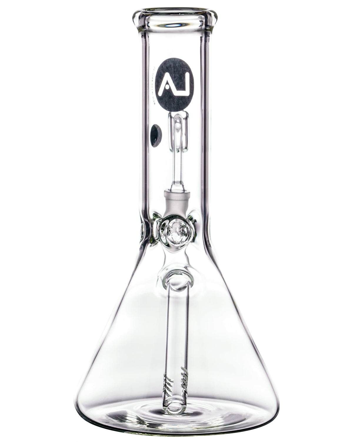Front view of the Heavy Mini Beaker Dab Rig, a clear glass piece with a rounded base and angled neck.