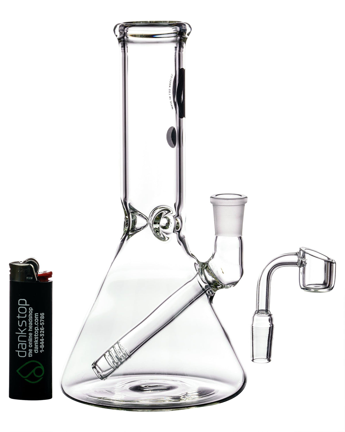 A studio shot of the Heavy Mini Beaker Dab Rig, displaying its clear glass construction and compact size.