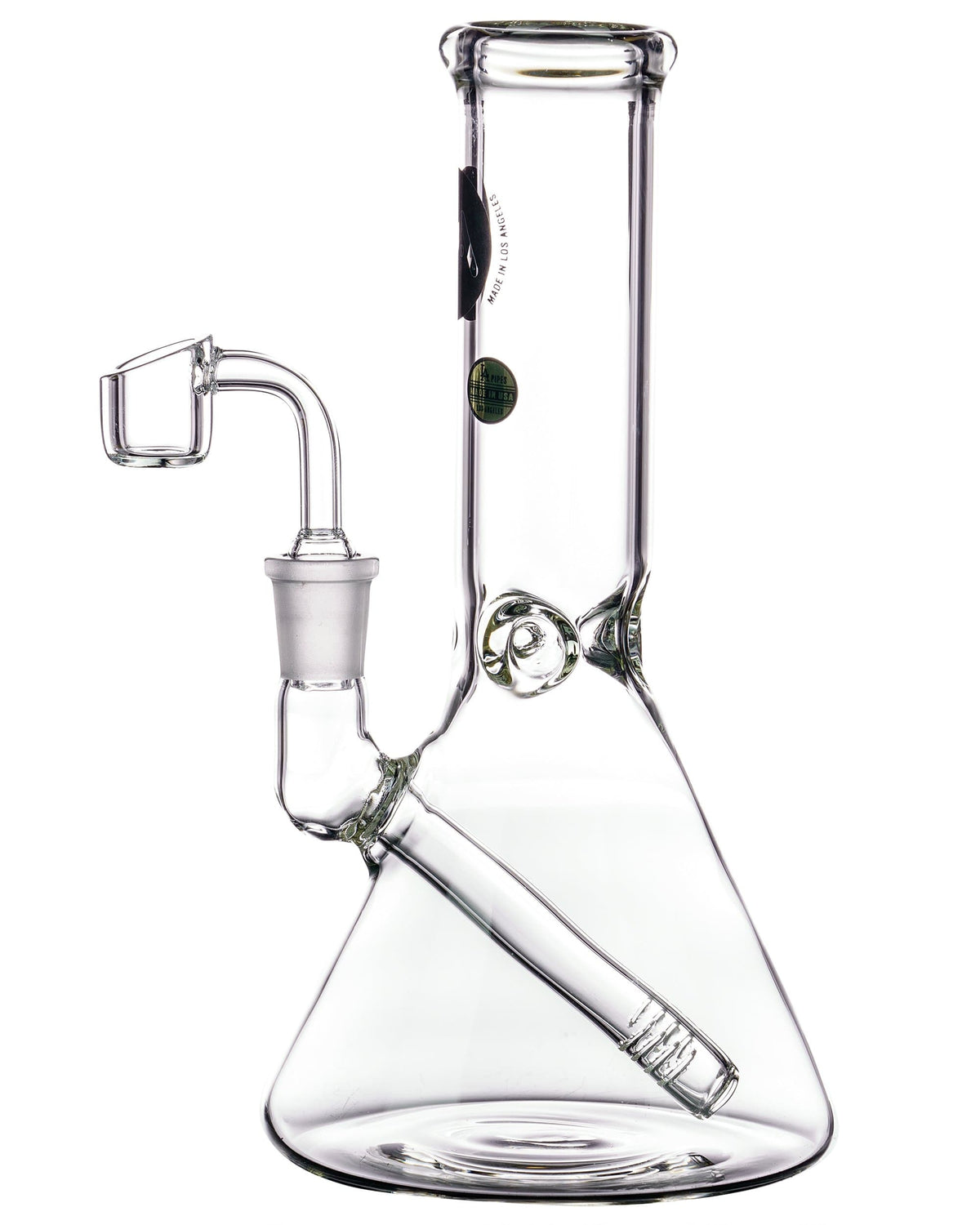A studio shot of the Heavy Mini Beaker Dab Rig, featuring a clear glass beaker shape with a joint for concentrates.