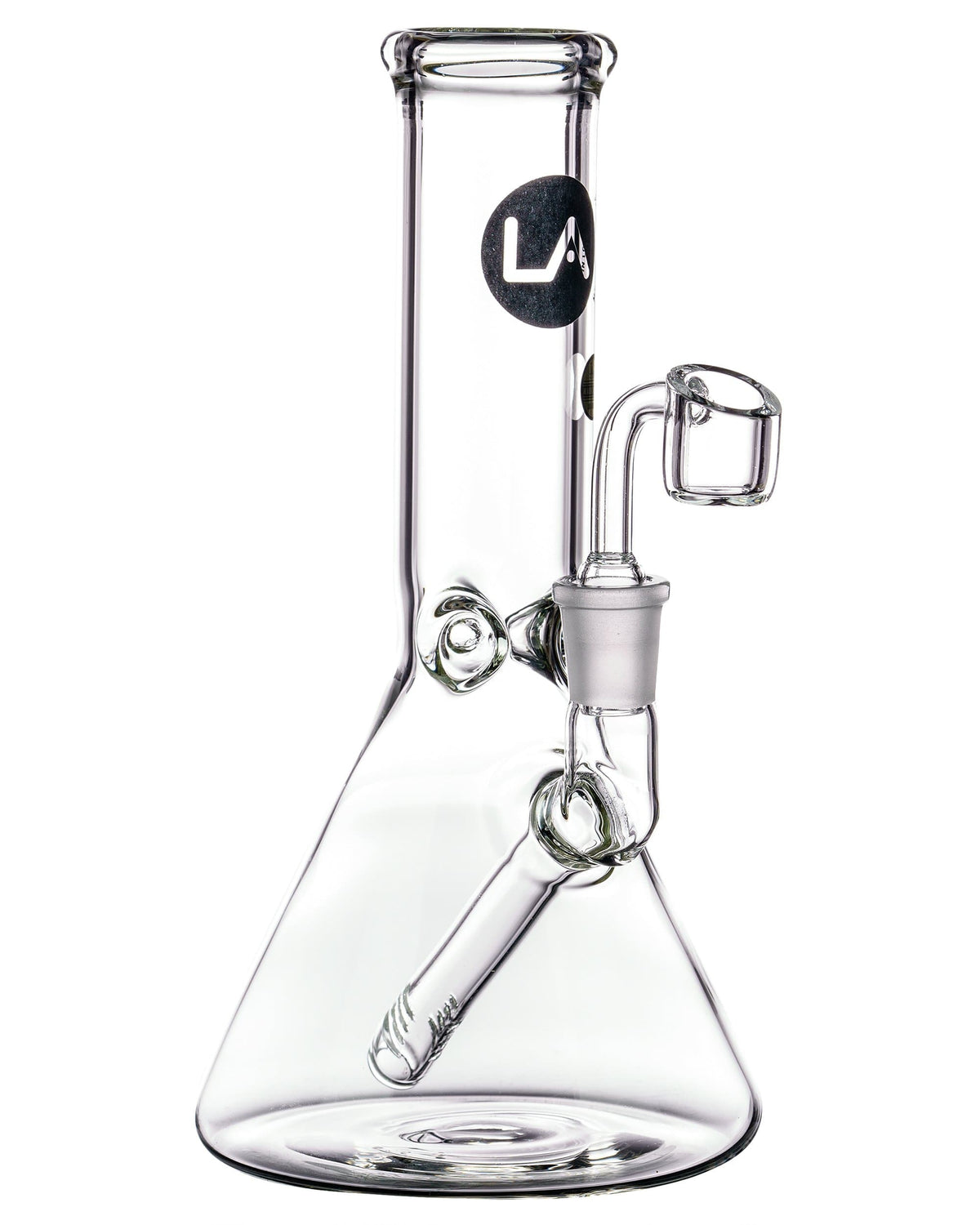 Front view of the Heavy Mini Beaker Dab Rig, a clear glass rig with a wide base and curved neck.