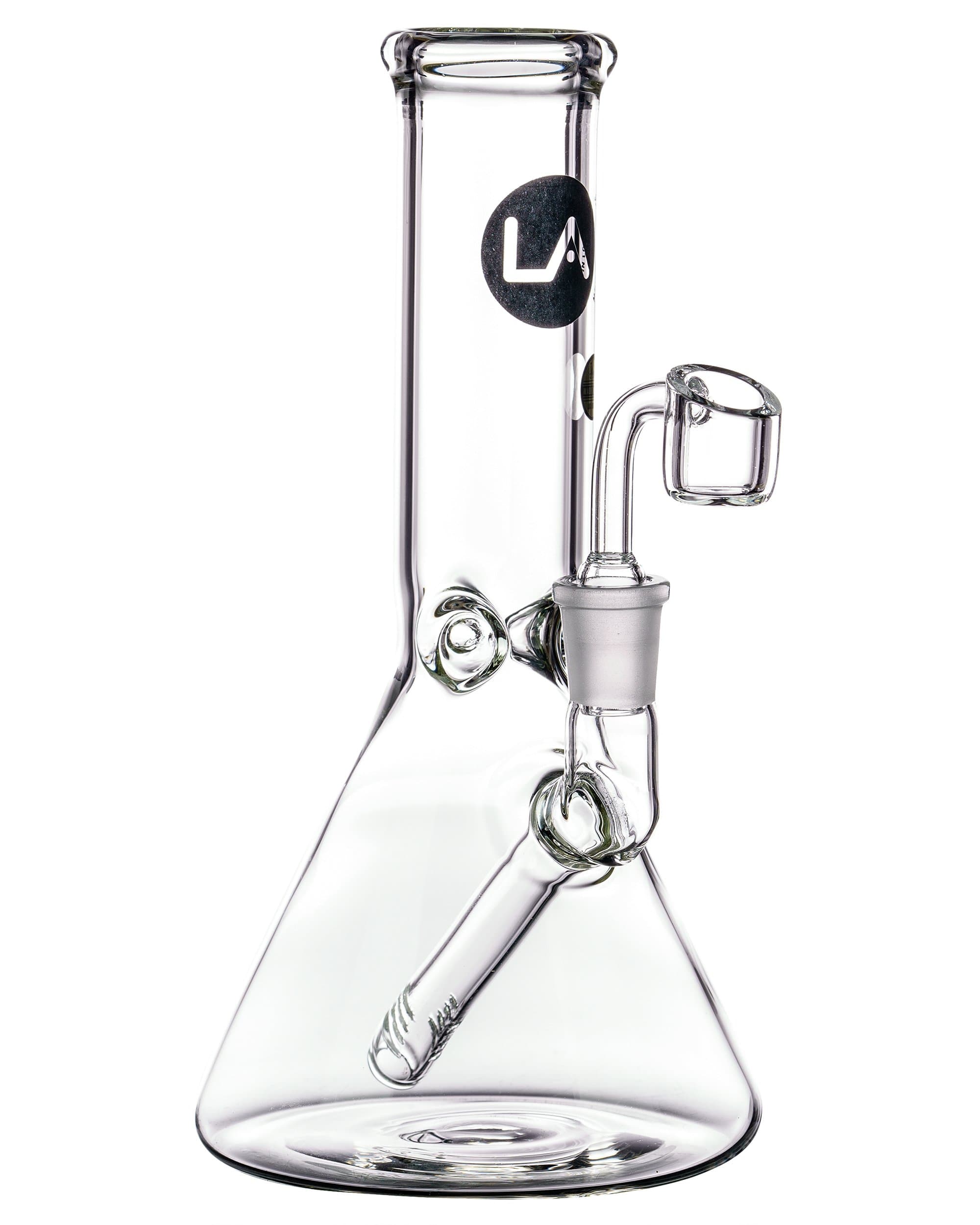 Front view of the Heavy Mini Beaker Dab Rig, a clear glass rig with a wide base and curved neck.