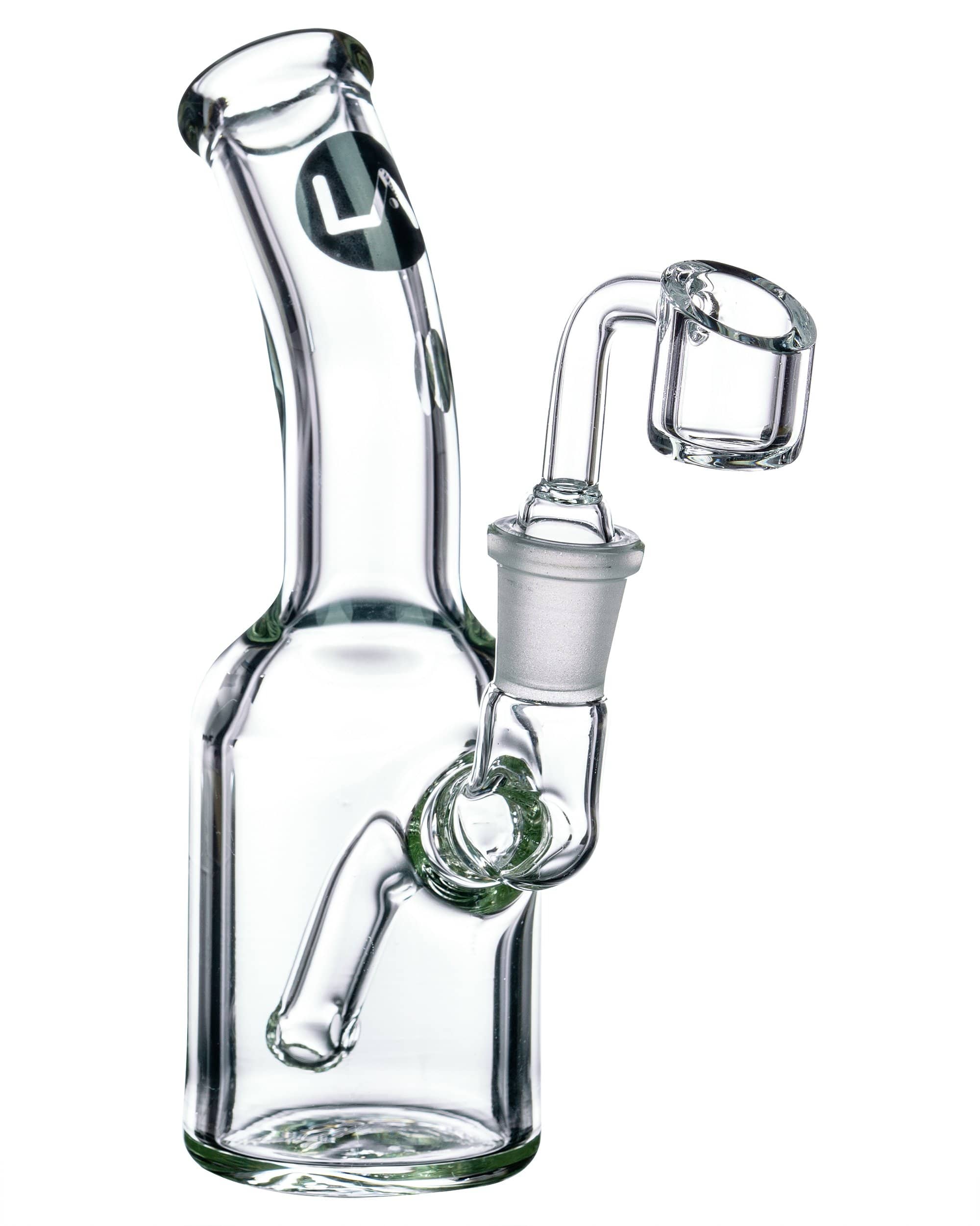 A three-quarter view of the Heavy Mini Can Dab Rig, showing the clear glass and compact size against a white background.