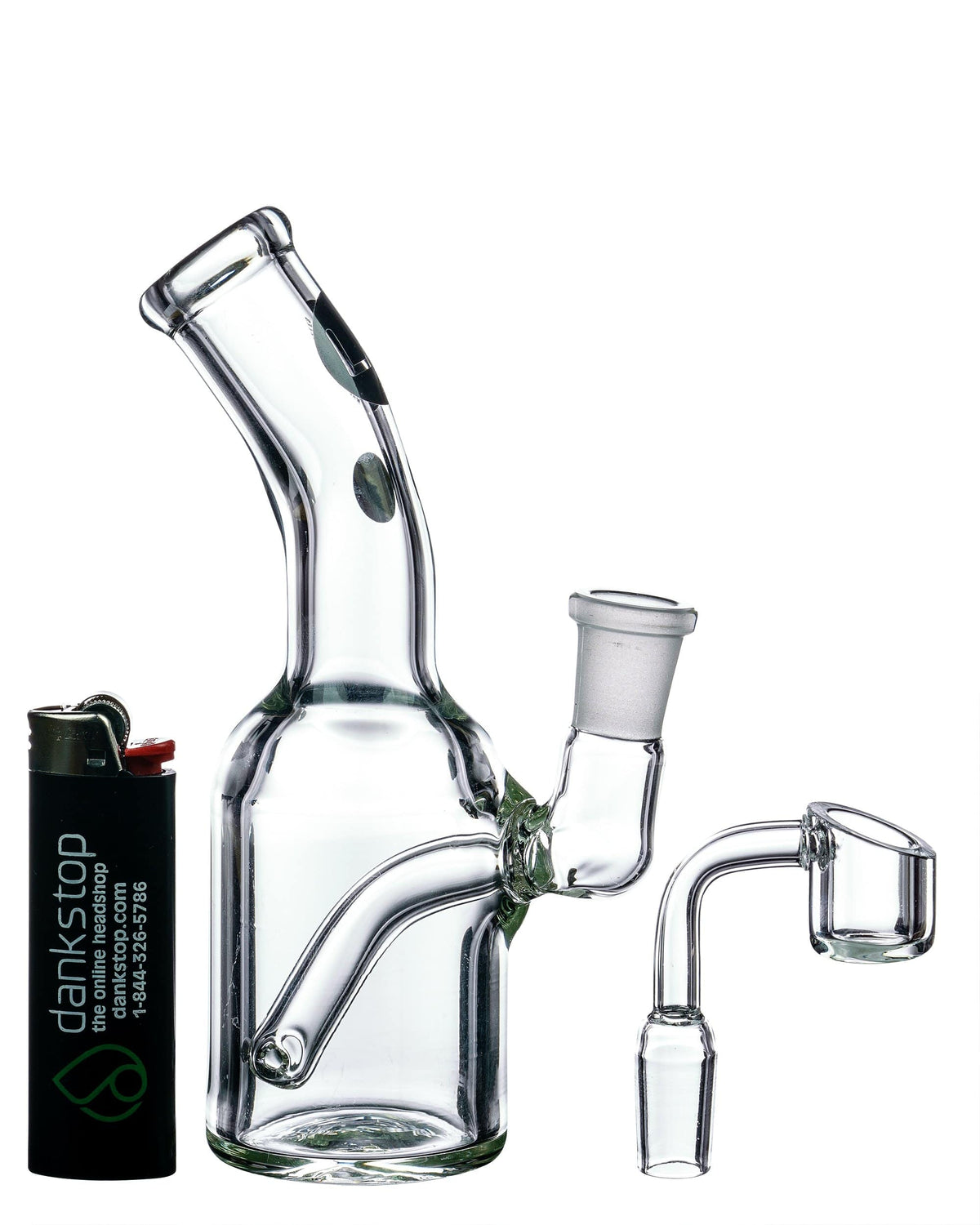 A studio shot of the Heavy Mini Can Dab Rig, displaying its compact size and clear glass construction.