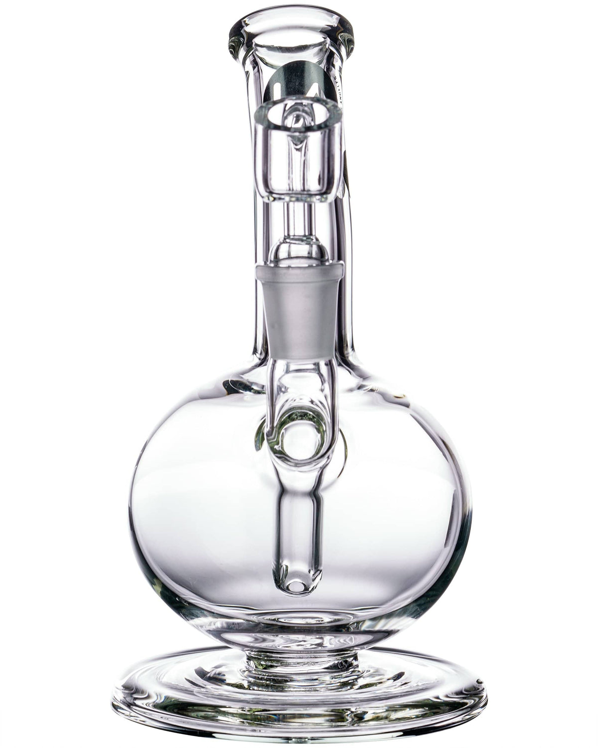 A three-quarter view of the Heavy Mini Pedestal Dab Rig, showcasing the clear glass and compact pedestal base.