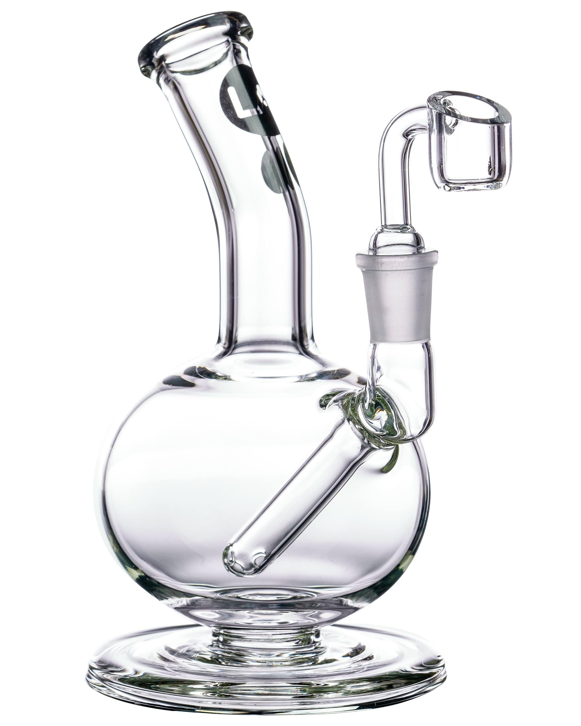 Front view of the Heavy Mini Pedestal Dab Rig, showcasing its clear glass construction and small, pedestal base.