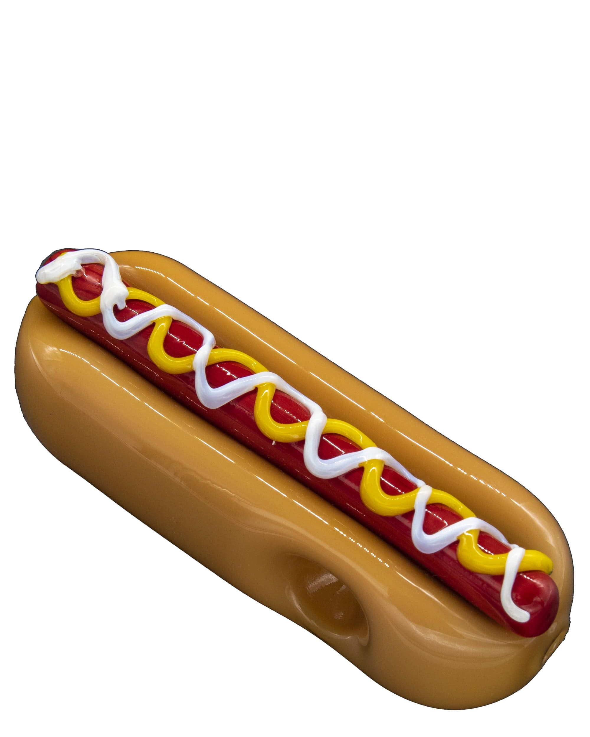 A studio shot of the Hot Dog Hand Pipe, resembling a realistic hot dog with mustard, against a plain white background.
