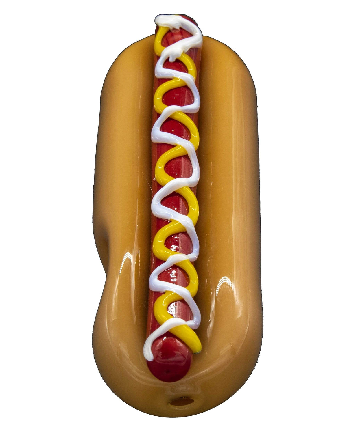 Front view of the Hot Dog Hand Pipe, a whimsical ceramic pipe shaped like a hot dog with colorful accents.