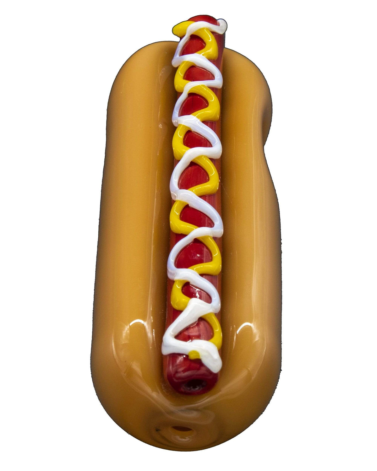 Front view of the Hot Dog Hand Pipe, a colorful ceramic pipe sculpted to resemble a hot dog with mustard.