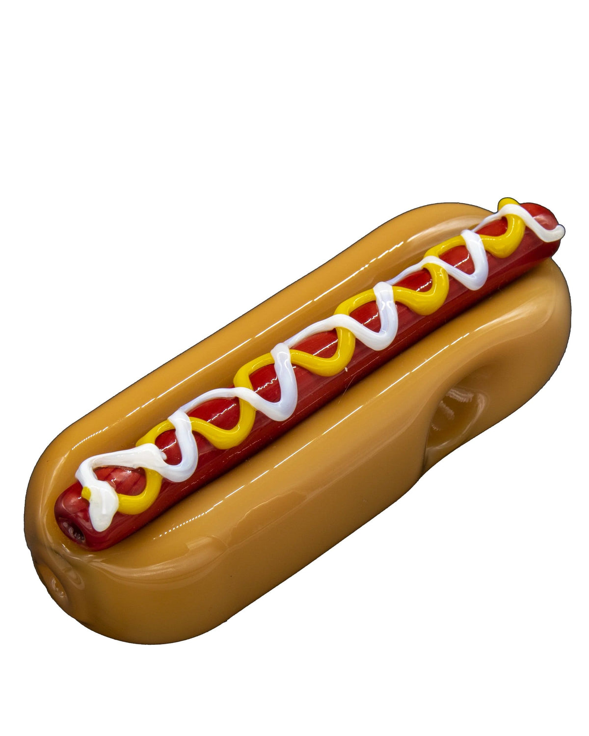A studio shot of the Hot Dog Hand Pipe, resembling a realistic hot dog with visible detailing.