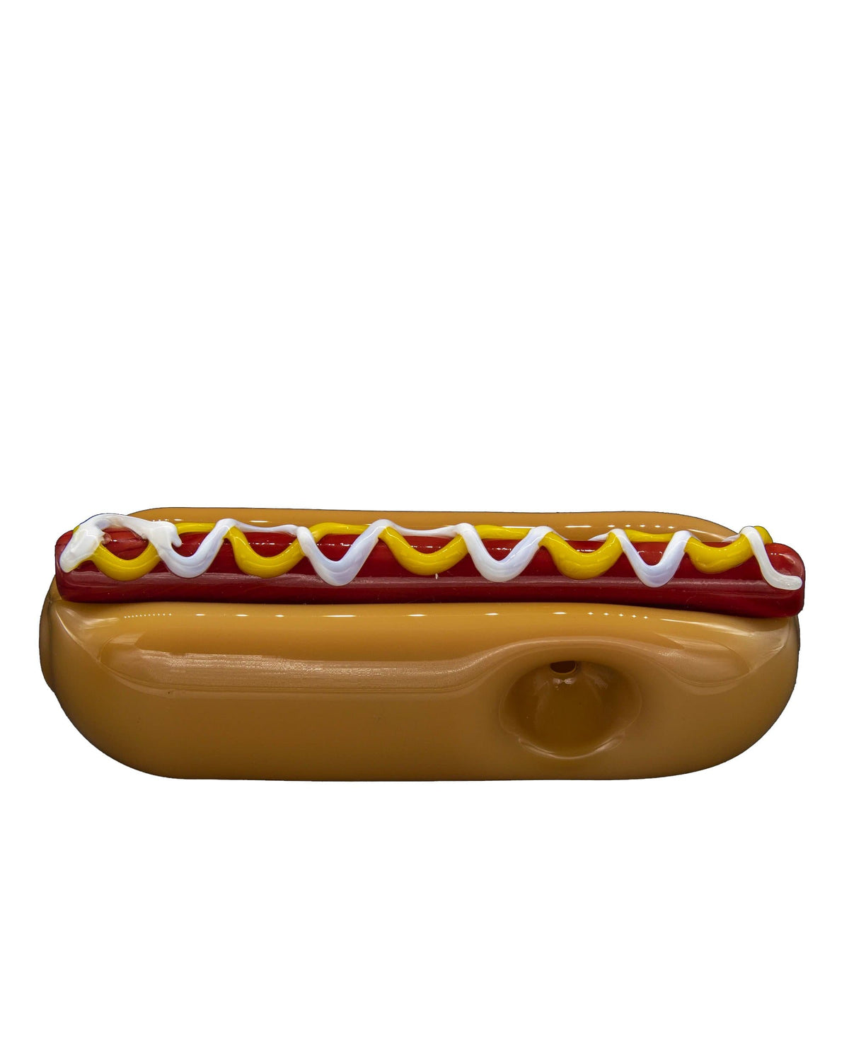 A studio shot of the Hot Dog Hand Pipe, resembling a hot dog with mustard, against a plain white background.