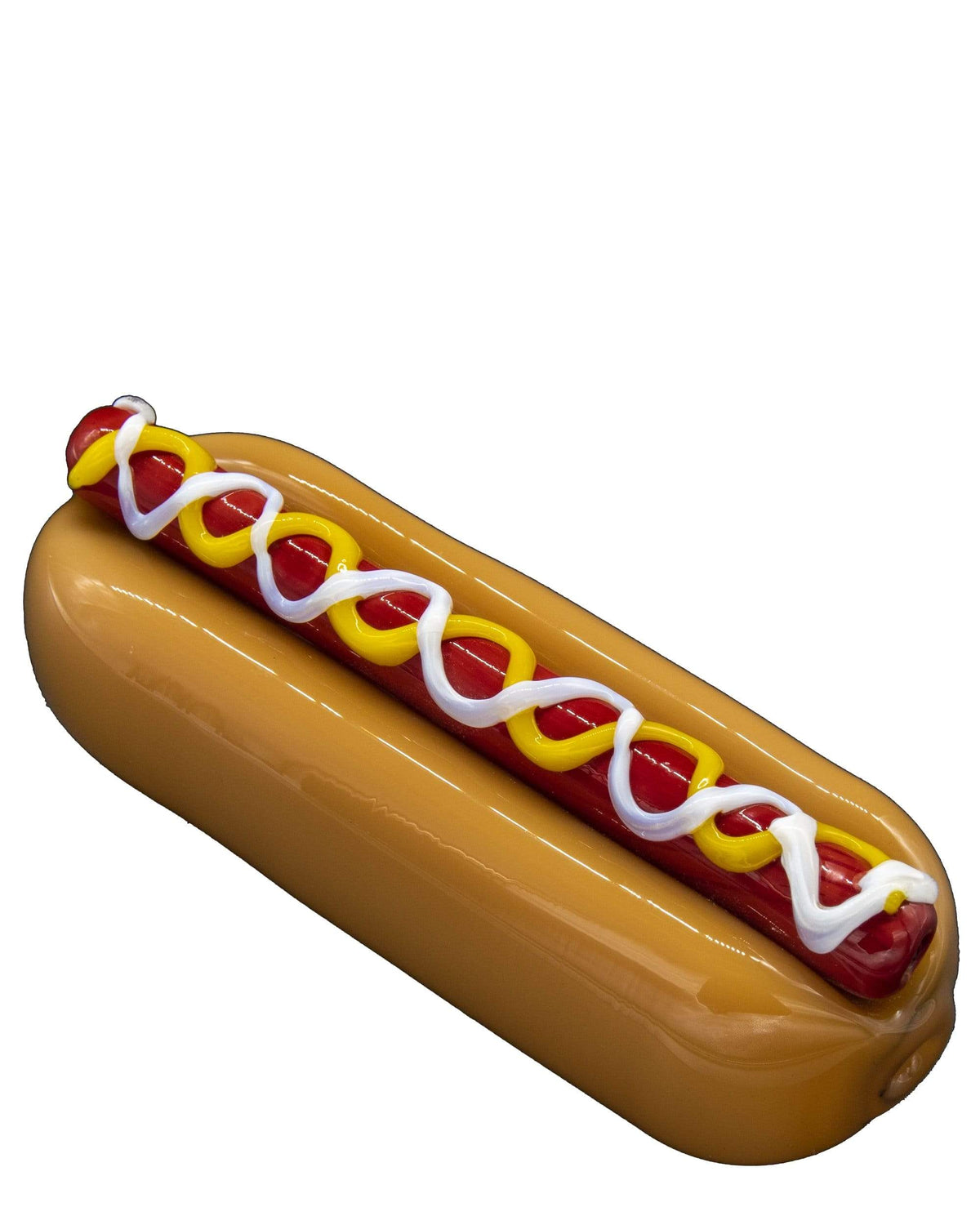 A studio shot of the Hot Dog Hand Pipe, showcasing its realistic hot dog design against a plain white background.