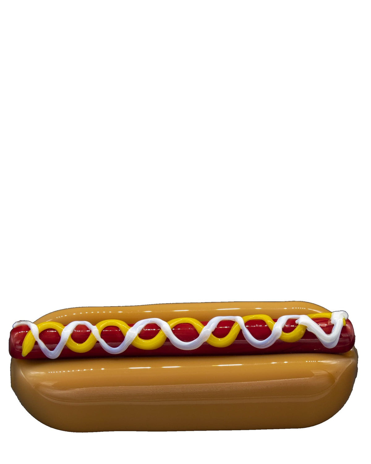 Front view of the Hot Dog Hand Pipe, resembling a realistic hot dog with visible details and a glossy finish.
