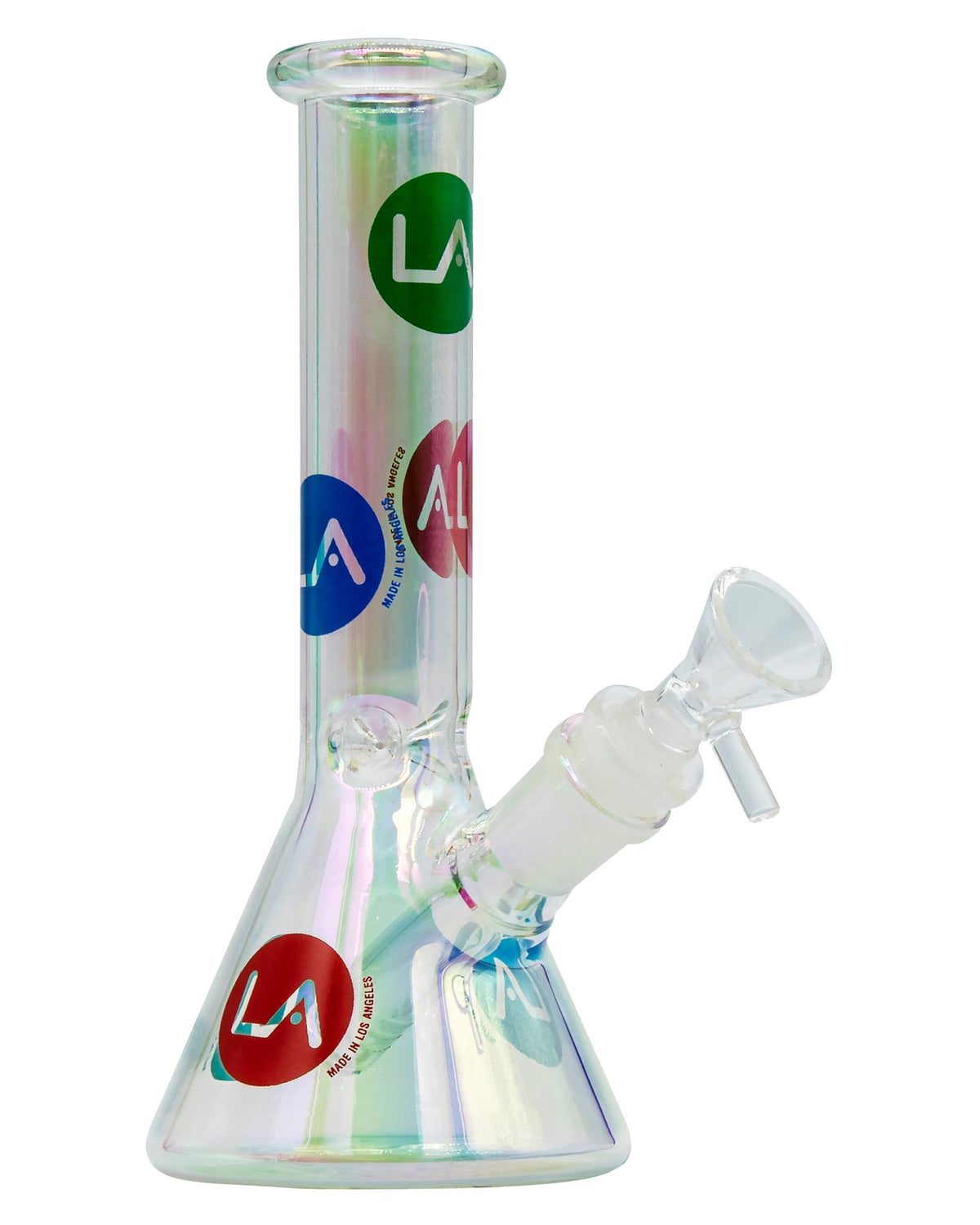 A studio shot of the Iridescent Champagne Glass Disco Beaker, showcasing its colorful sheen and beaker shape against a plain white background.