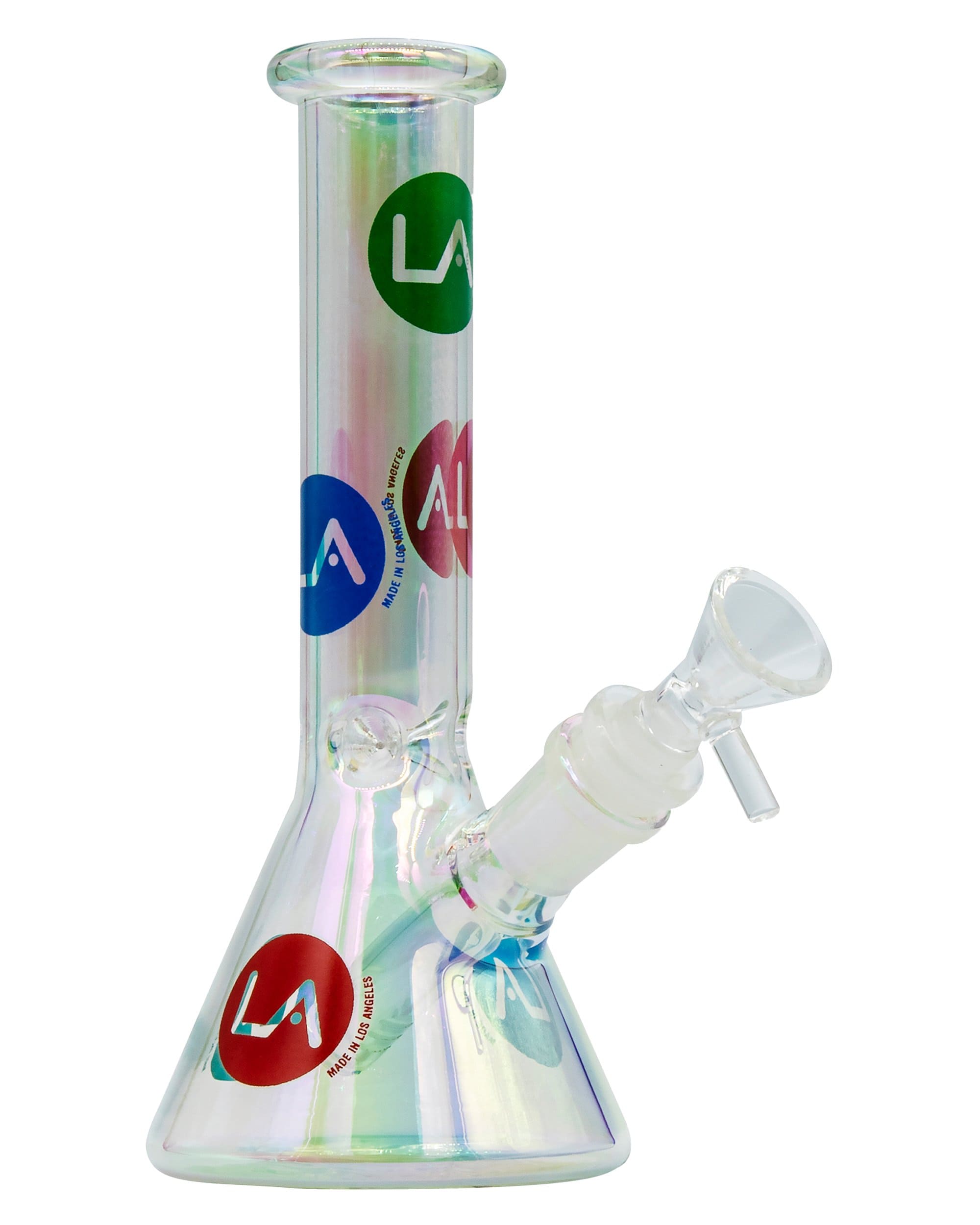 A studio shot of the Iridescent Champagne Glass Disco Beaker, showcasing its colorful sheen and beaker shape against a plain white background.