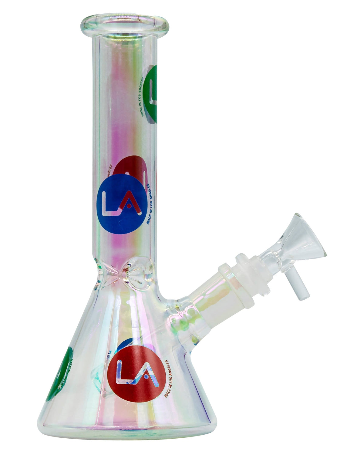 Front view of the Iridescent Champagne Glass Disco Beaker, showcasing its colorful, shimmering glass construction.