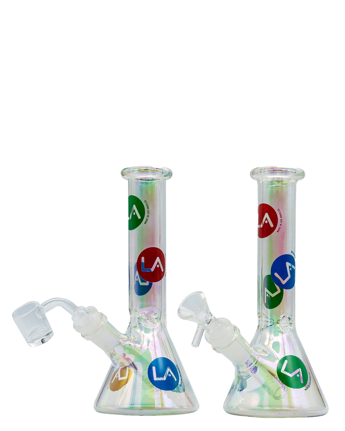 Front view of the Iridescent Champagne Glass Disco Beaker, showing a clear glass piece with a subtle rainbow sheen.