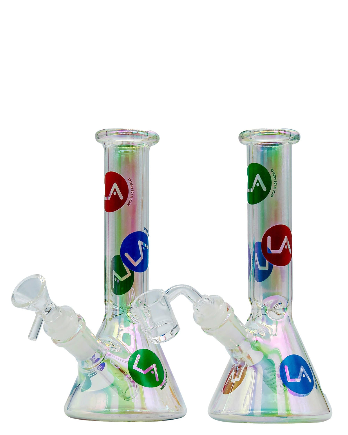 Front view of the Iridescent Champagne Glass Disco Beaker, displaying its smooth, curved form with a reflective sheen.