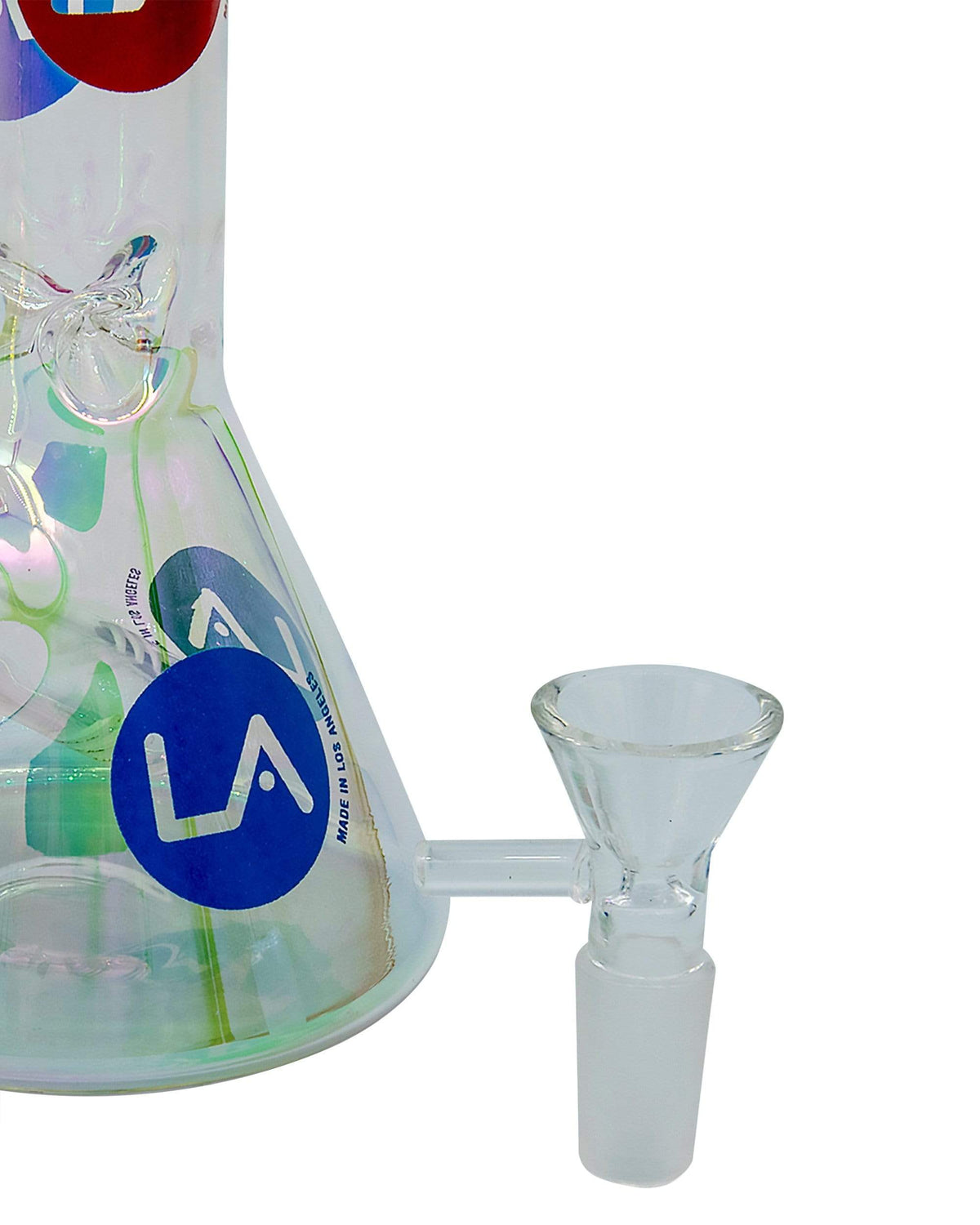 A side view of the Iridescent Champagne Glass Disco Beaker showing its textured, clear glass construction.