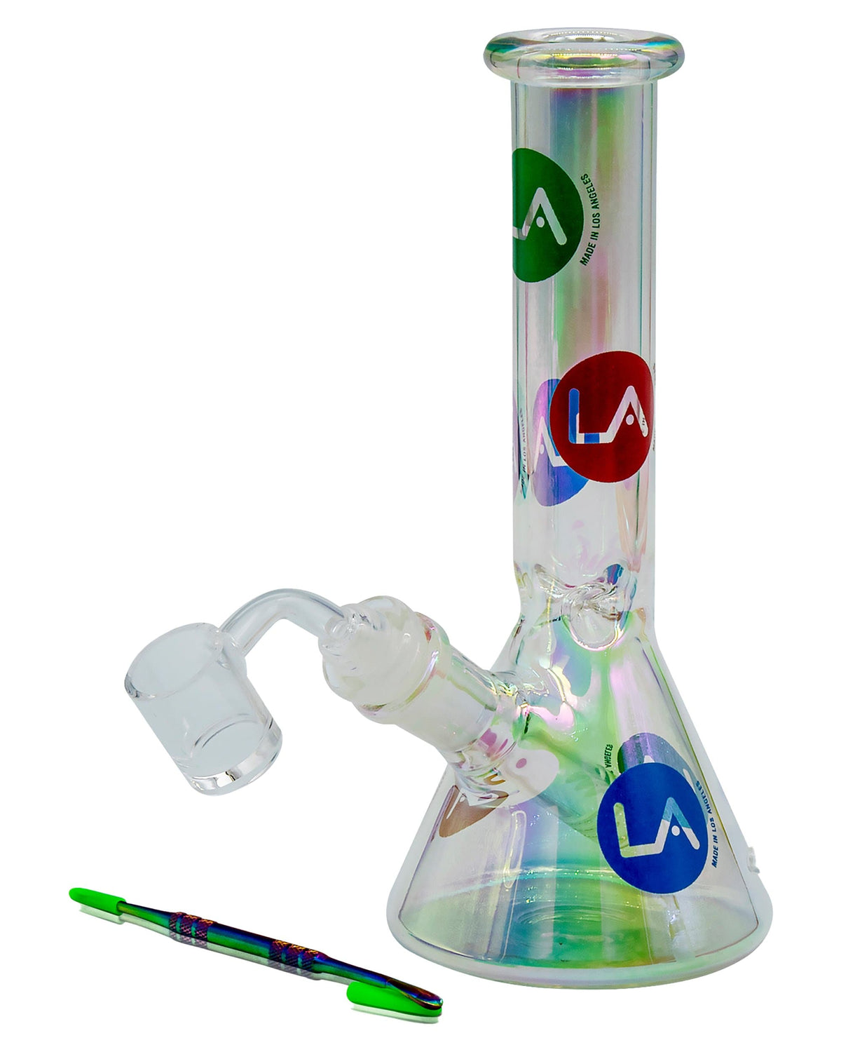 Iridescent Champagne Glass Disco Beaker presented in a front view with a light reflecting off its glass surface.