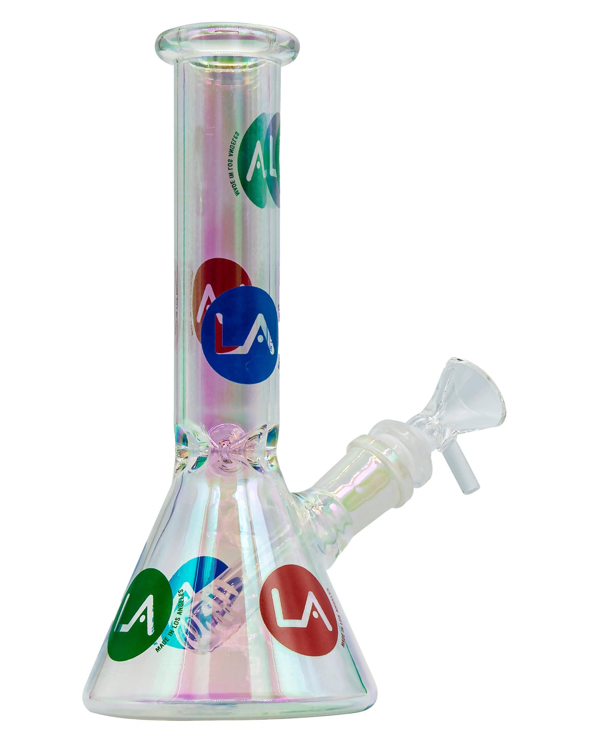 A front view of the Iridescent Champagne Glass Disco Beaker, showcasing its shimmering, colorful glass construction.