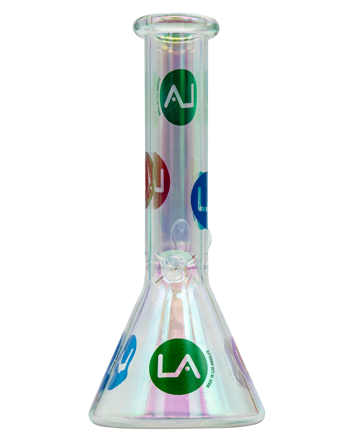 Front view of the Iridescent Champagne Glass Disco Beaker, showcasing its shimmering, colorful glass construction.