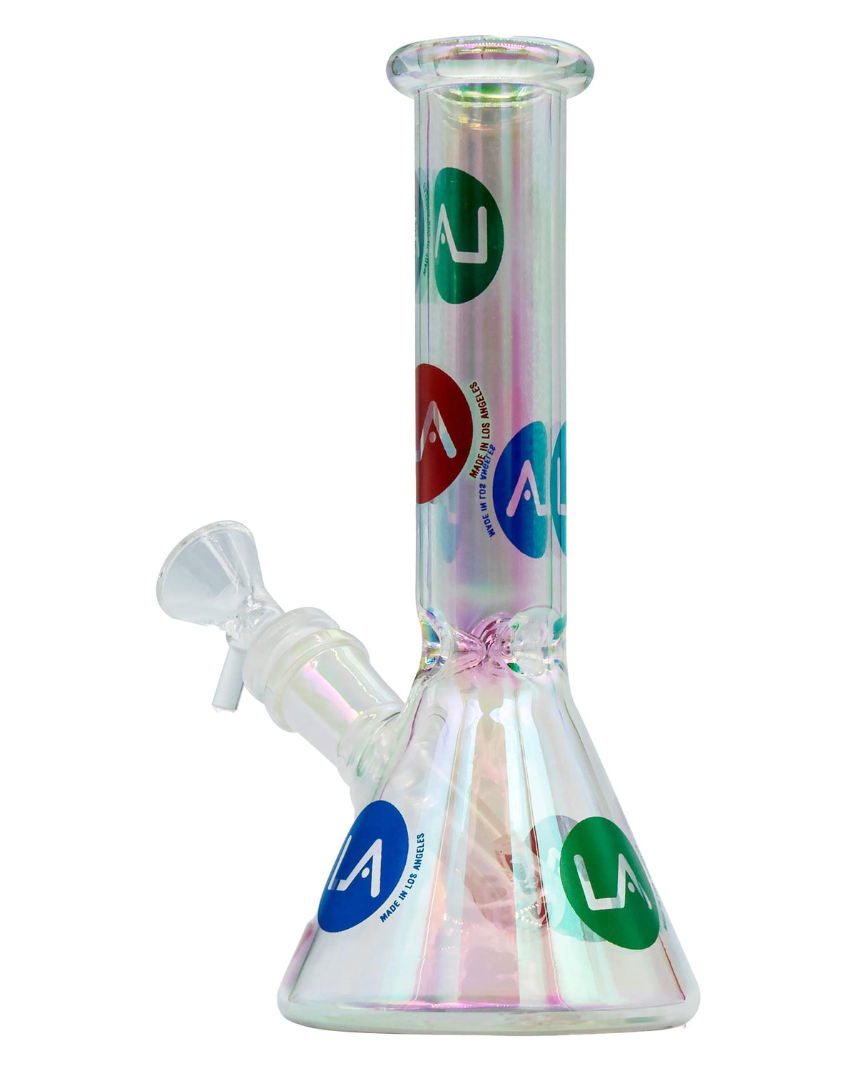 A front view of the Iridescent Champagne Glass Disco Beaker, showcasing its colorful, shimmering glass construction.