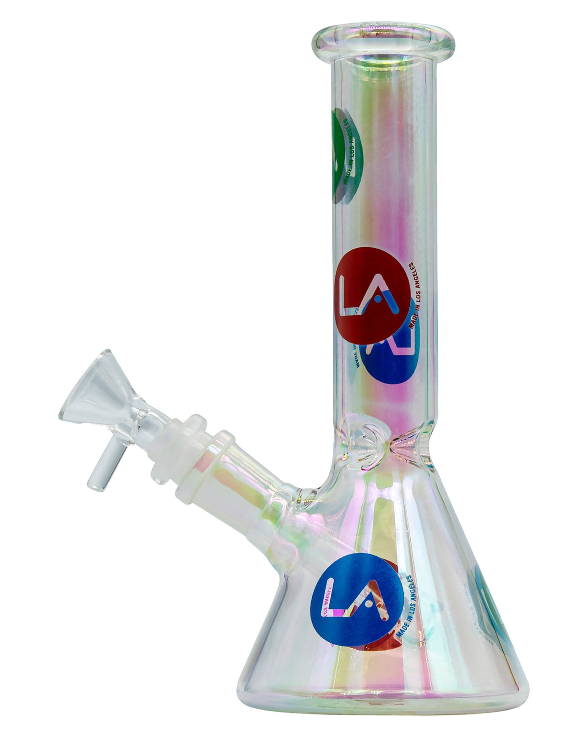 A front view of the Iridescent Champagne Glass Disco Beaker with a shimmering, colorful glass body.