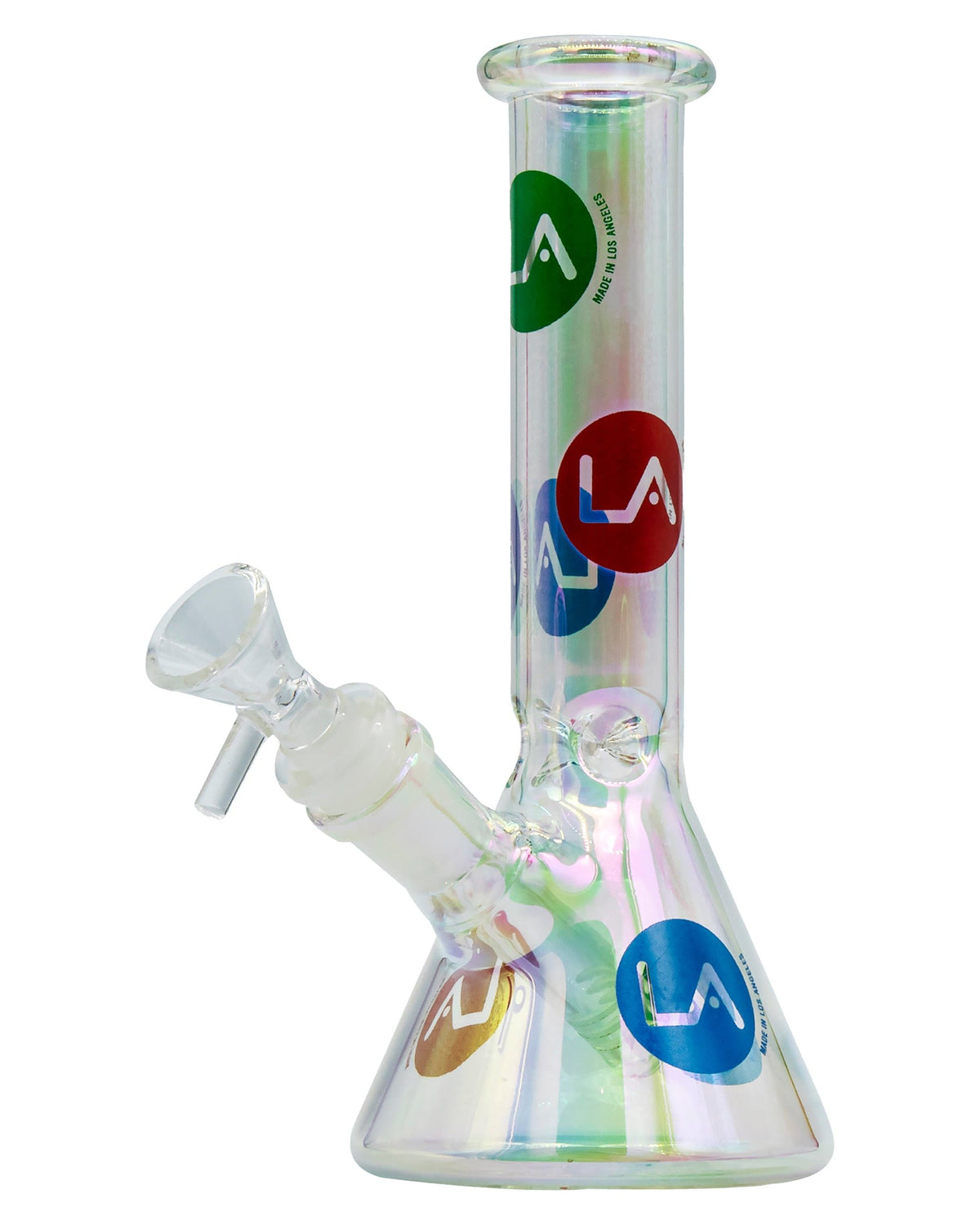 A front view of the Iridescent Champagne Glass Disco Beaker, showcasing its colorful, reflective surface and beaker shape.