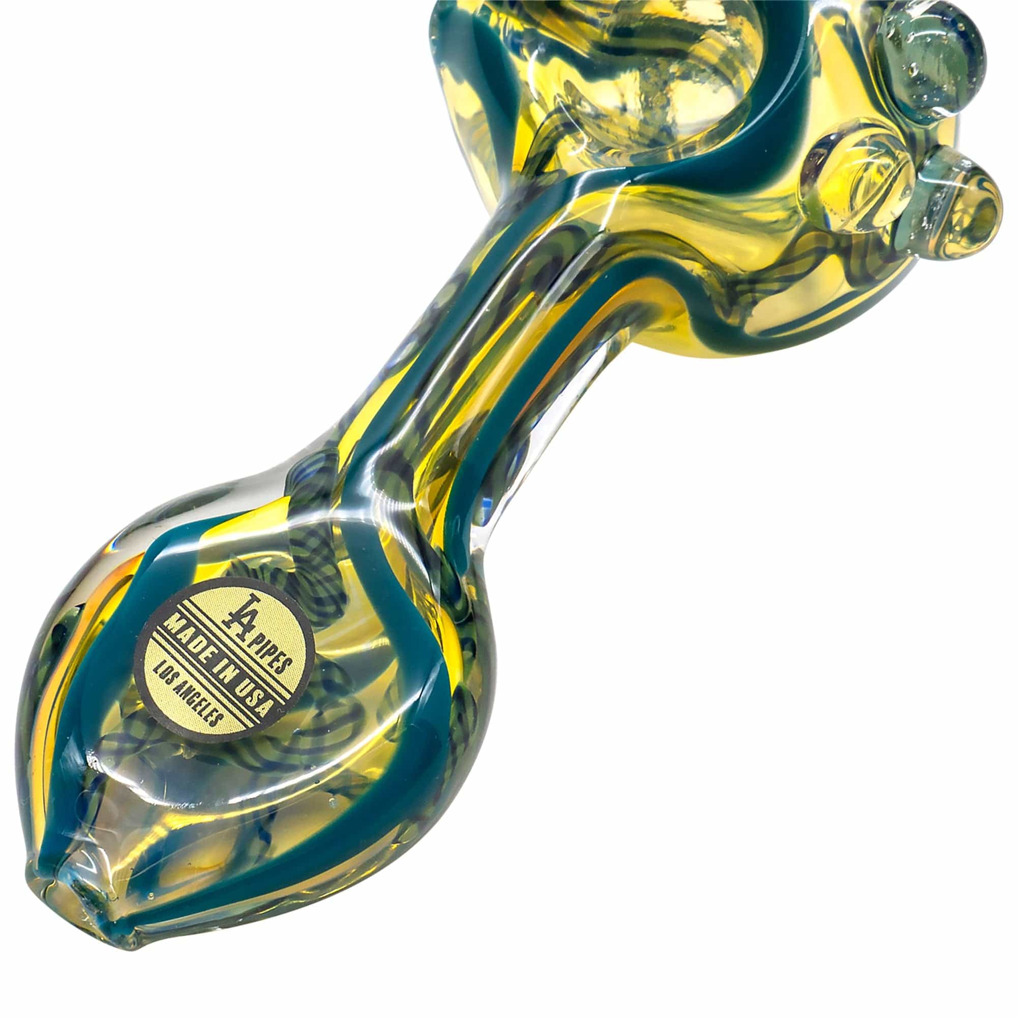 A side view of the Candy Spoon Inside-Out Color Changing Glass Pipe shows a uniquely shaped glass piece with vibrant color transitions.