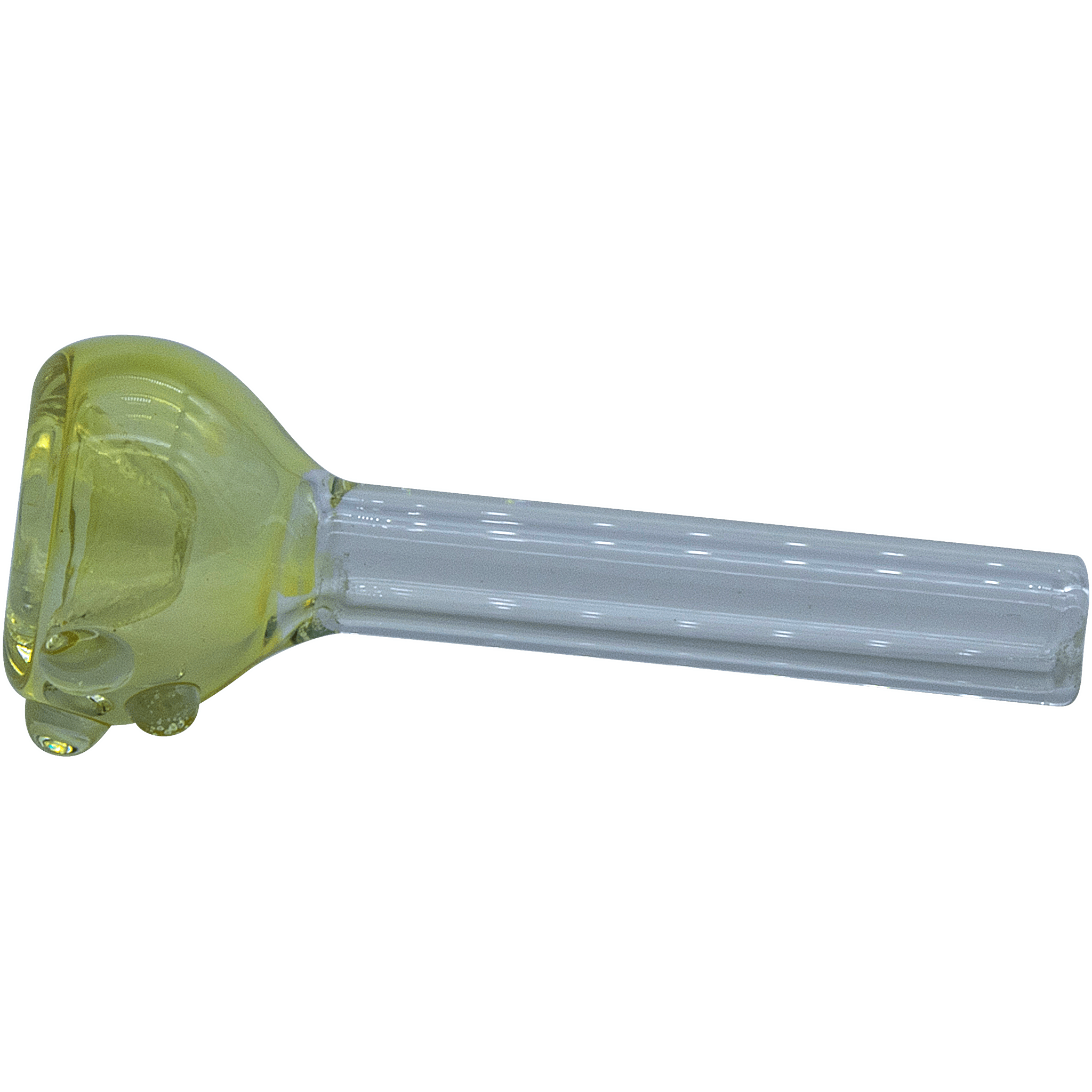 A side view of the Fumed Snapper Bowl Pull-Stem Slide, showcasing its clear glass construction and curved stem.