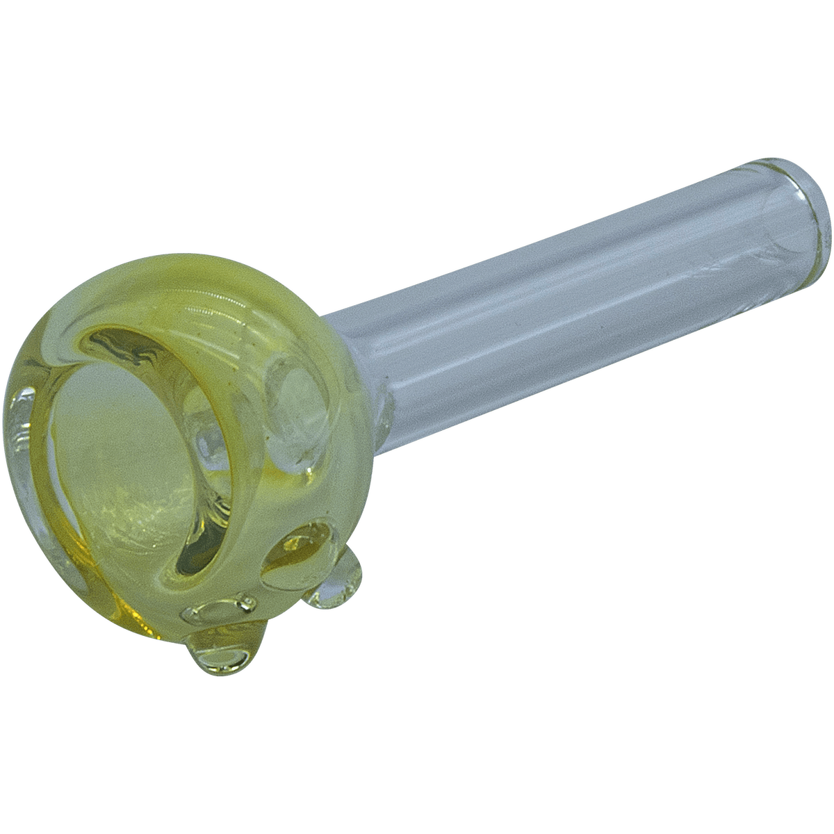 A close-up, angled view of the Fumed Snapper Bowl Pull-Stem Slide, showcasing its clear glass construction and simple design.