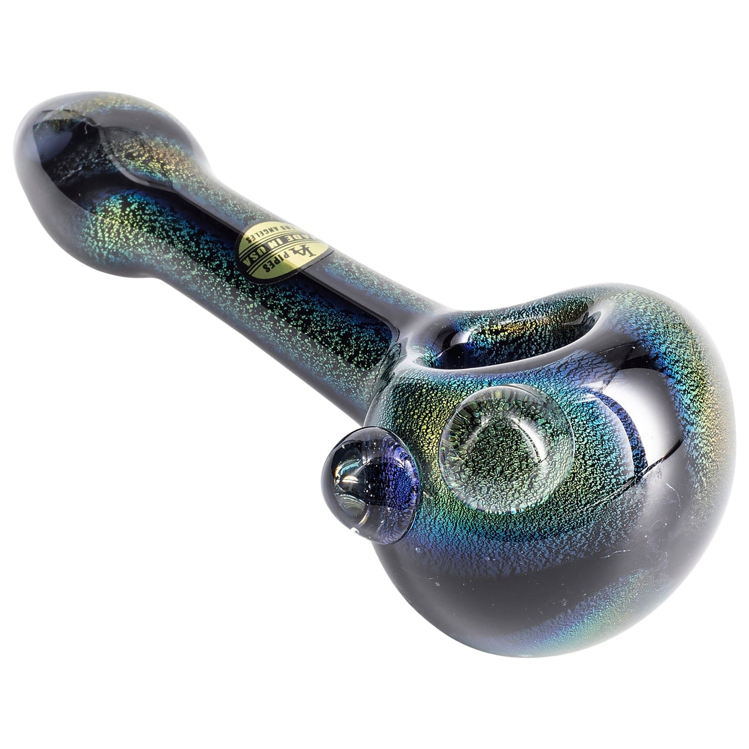 A close-up, angled view of the Galactic Storm Full Dichro Spoon Pipe, showcasing its iridescent dichroic glass finish.
