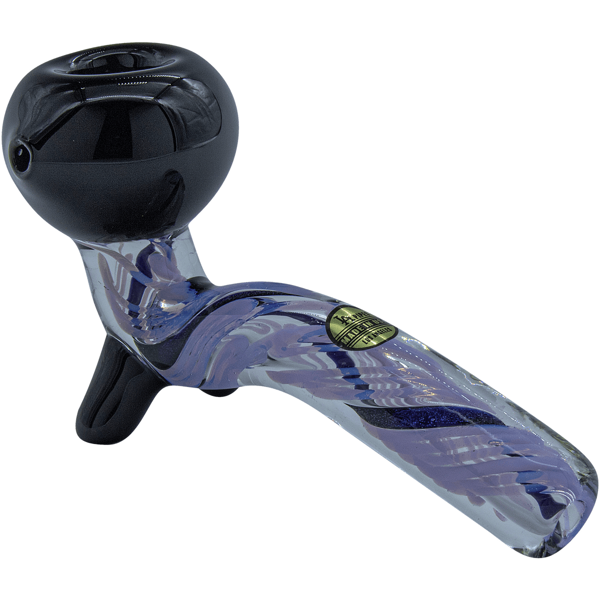 A close-up, angled view of the Galactic Storm Slime & Dichro Sherlock Pipe, showcasing its iridescent, swirling glass design.