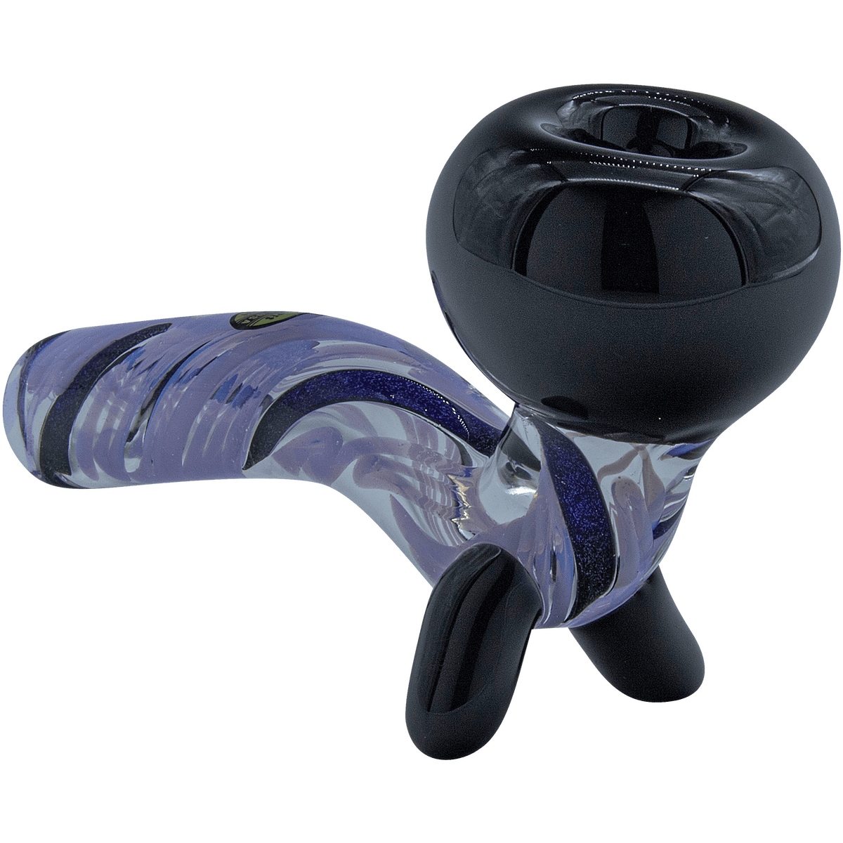 A three-quarter view of the Galactic Storm Slime & Dichro Sherlock Pipe, showcasing its dark, swirling glass design.