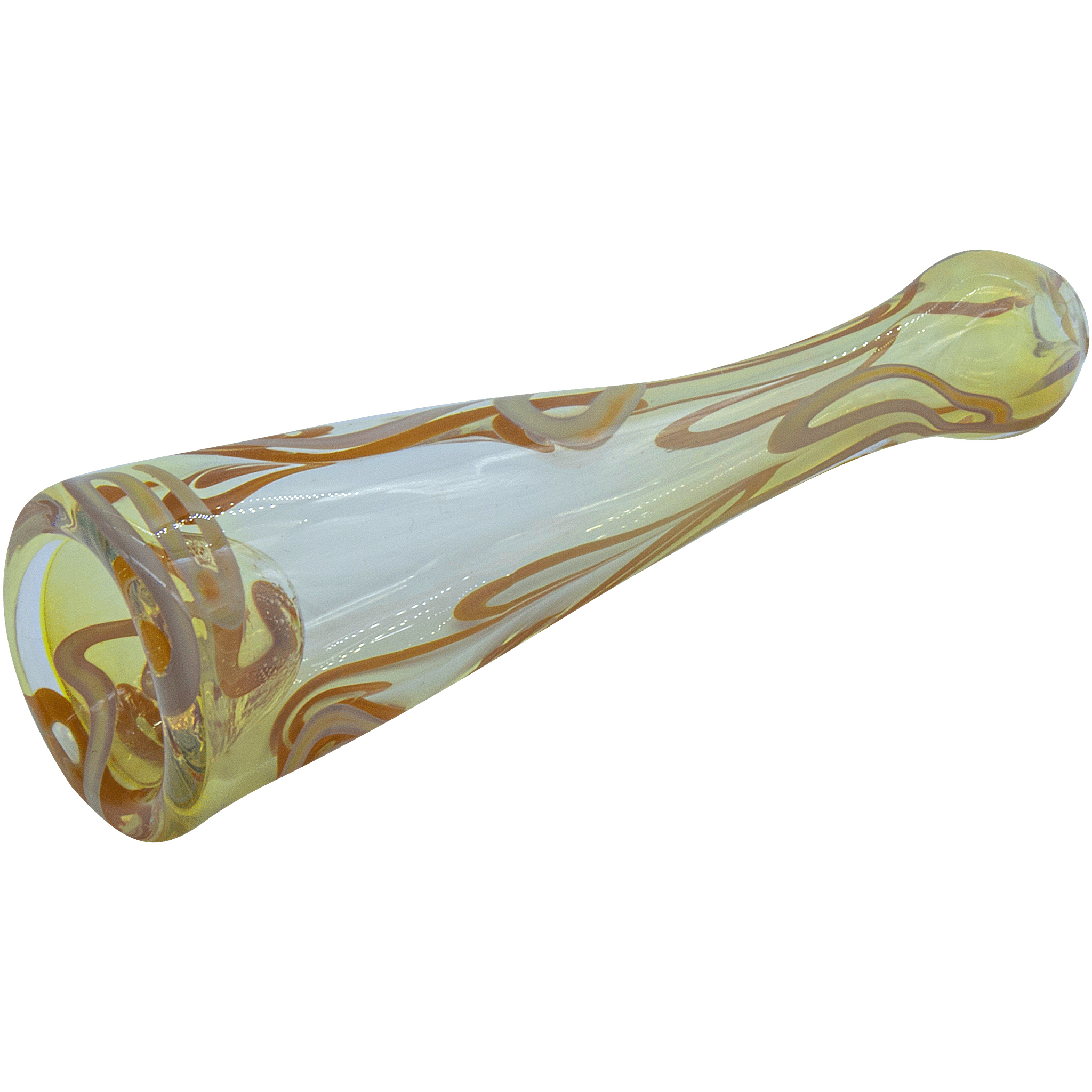 A close-up shot of the Inside-Out Funnel Chillum herb pipe, showcasing its swirling, colorful glass design.