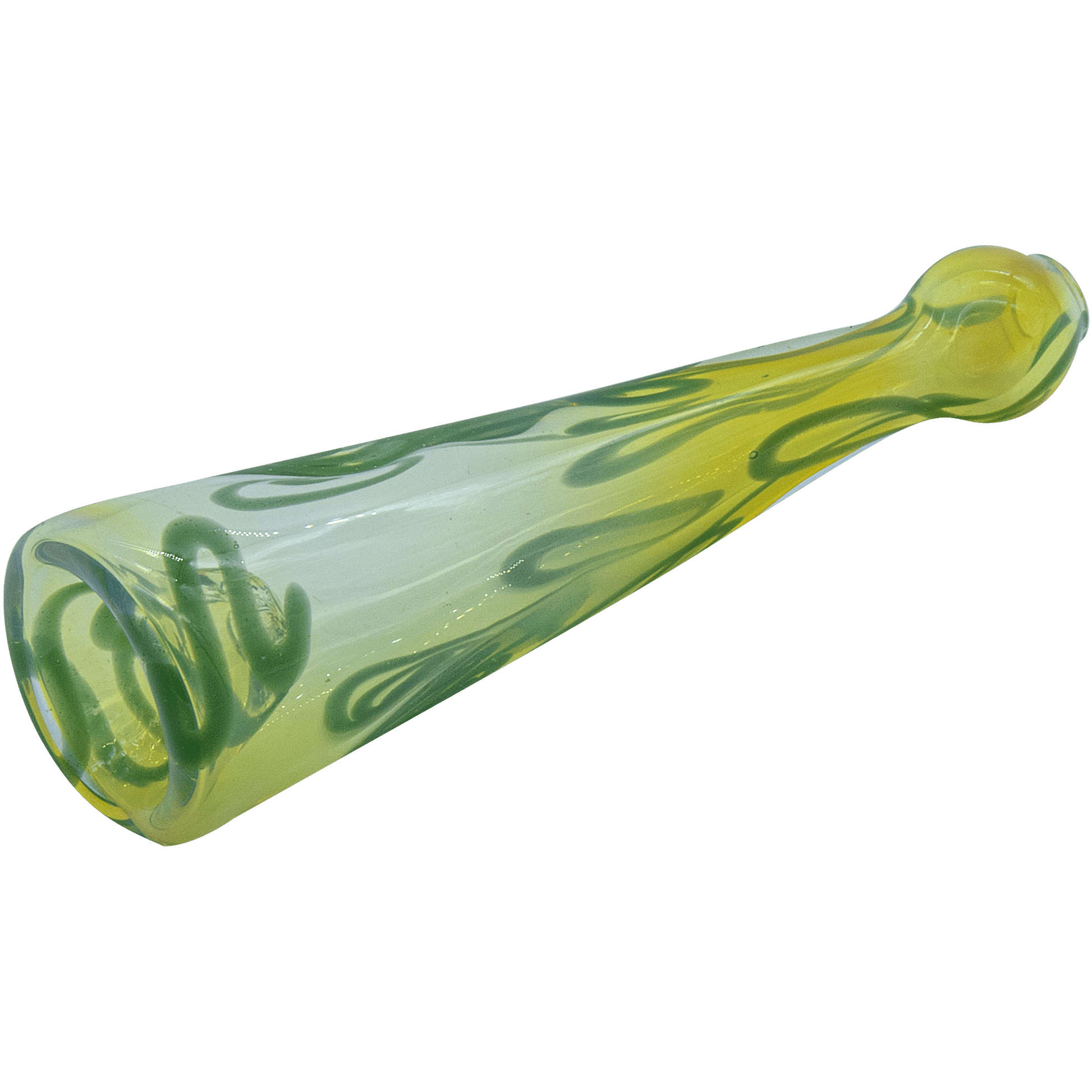 A side view of the Inside-Out Funnel Chillum herb pipe, showcasing its clear glass construction and unique funnel shape.