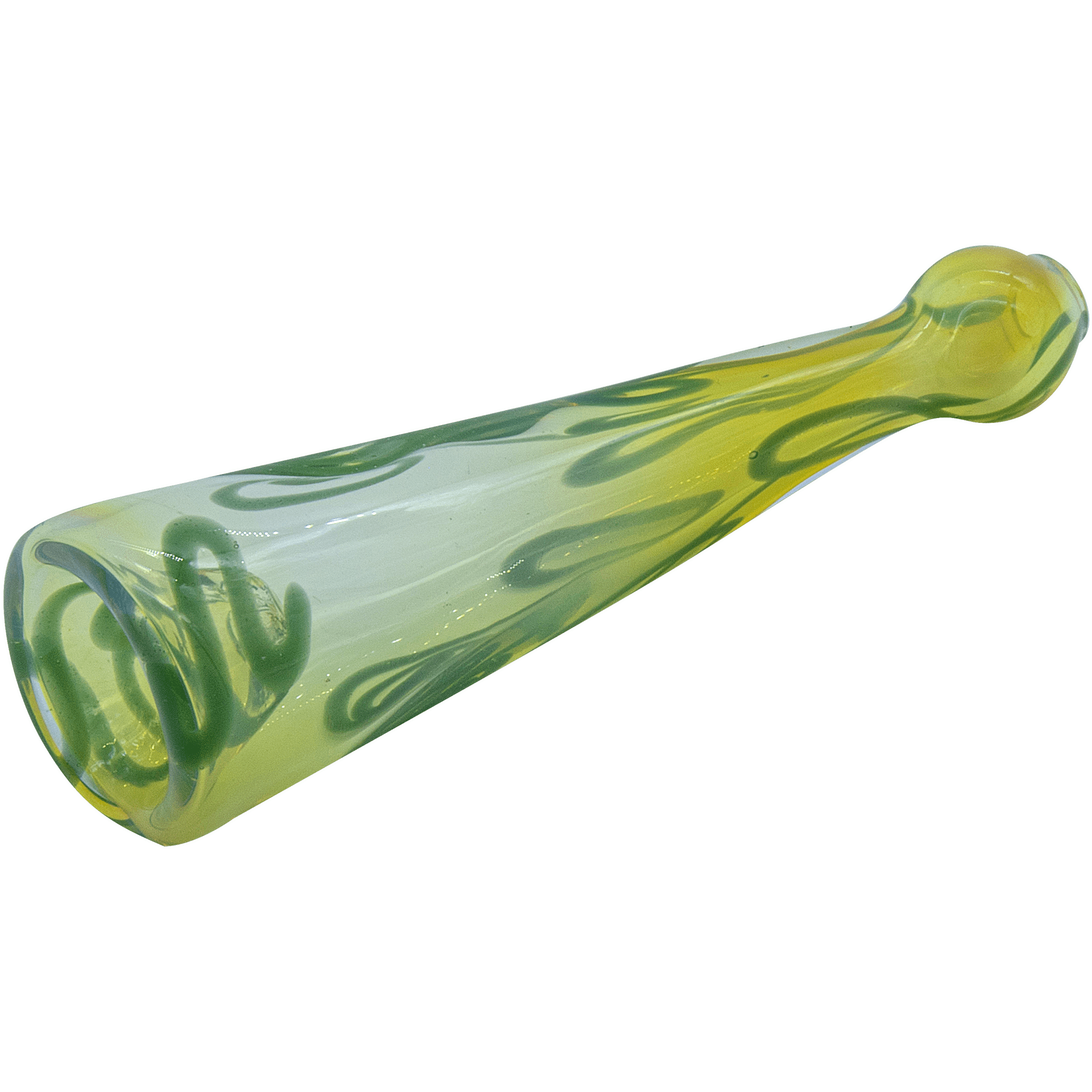 A side view of the Inside-Out Funnel Chillum herb pipe, showcasing its clear glass construction and unique funnel shape.