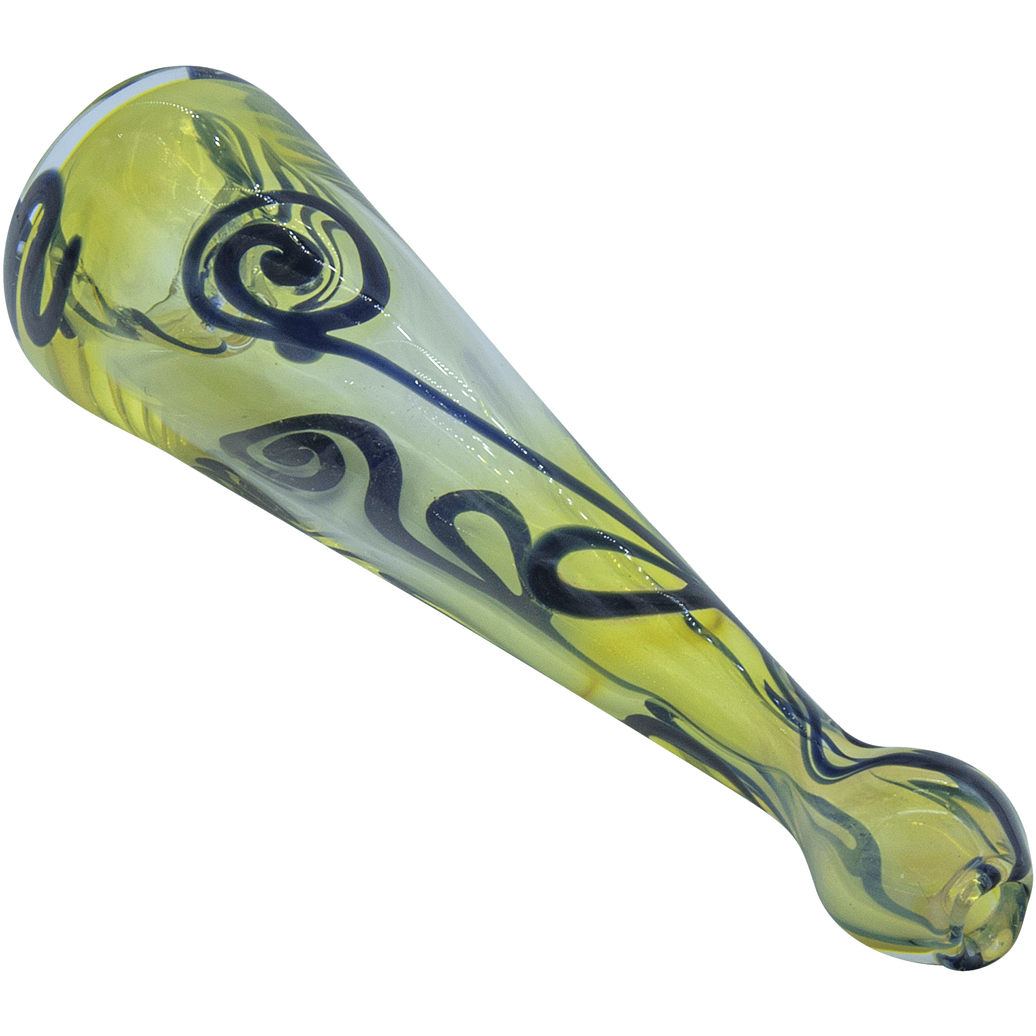 A close-up, angled view of the Inside-Out Funnel Chillum herb pipe, showing its green glass construction.