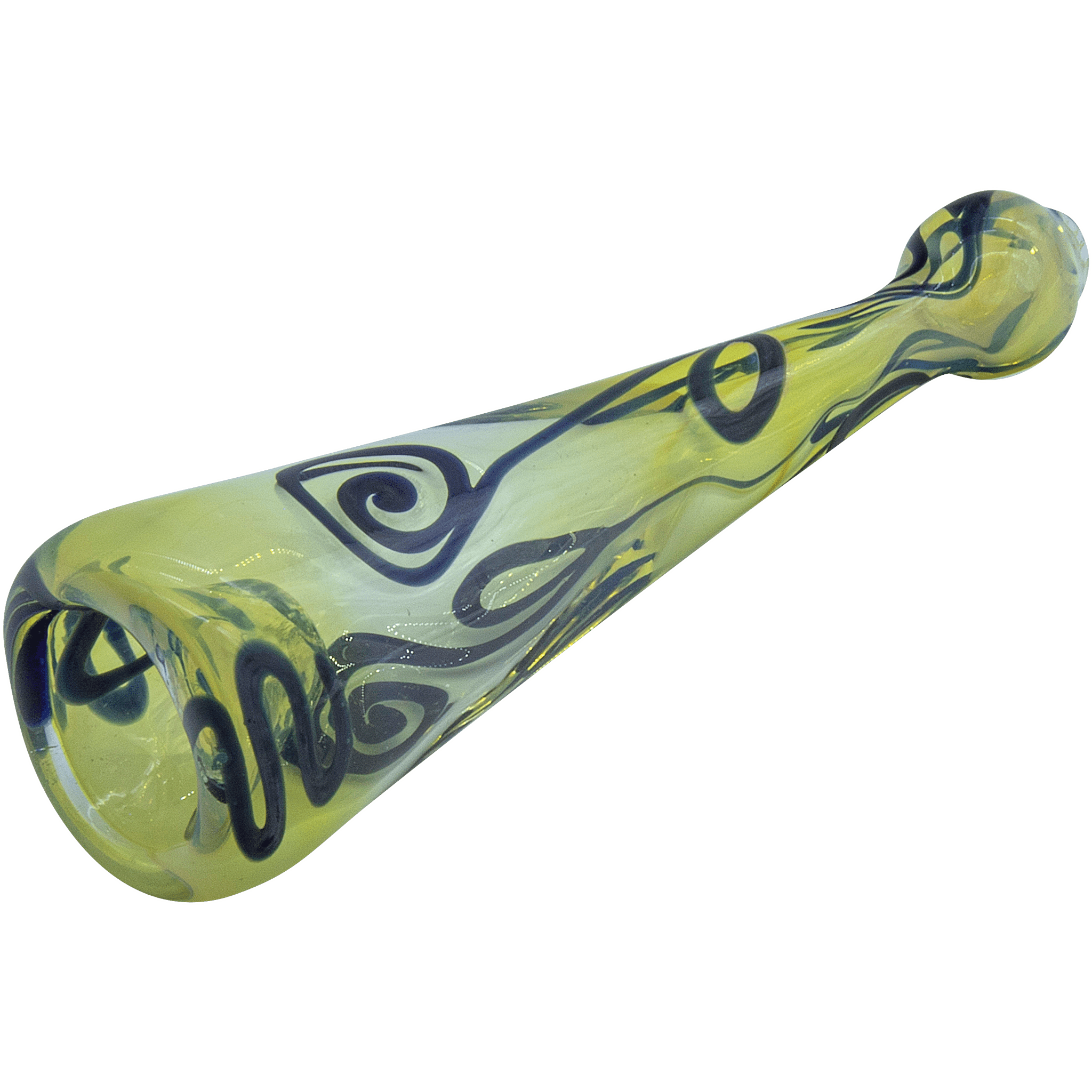 A slightly angled view of the Inside-Out Funnel Chillum herb pipe, crafted from translucent green glass.