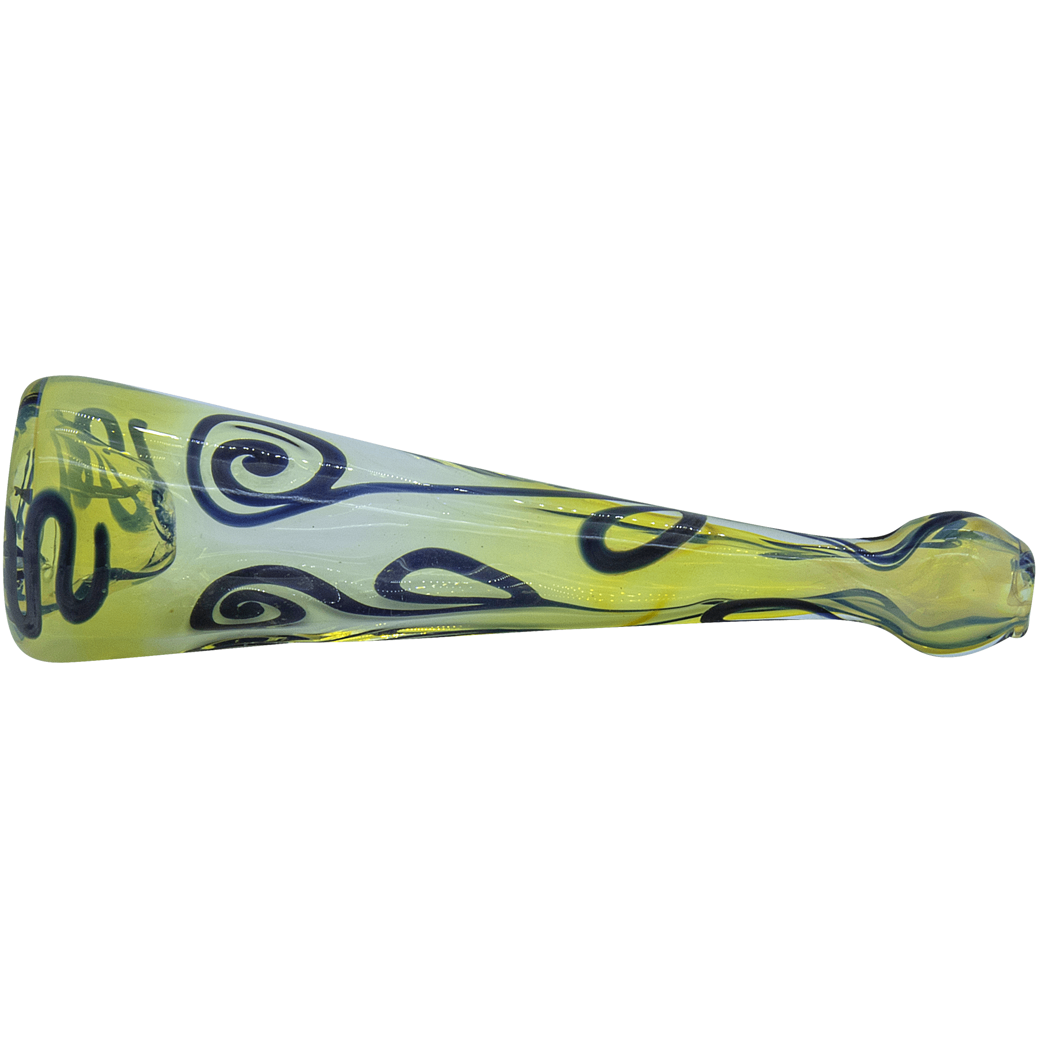 A close-up, angled view of the Inside-Out Funnel Chillum herb pipe made of transparent glass.