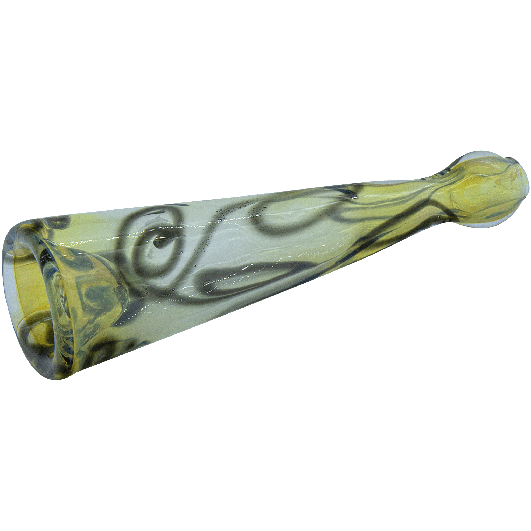 A slightly angled view of the Inside-Out Funnel Chillum herb pipe, featuring a green glass design.