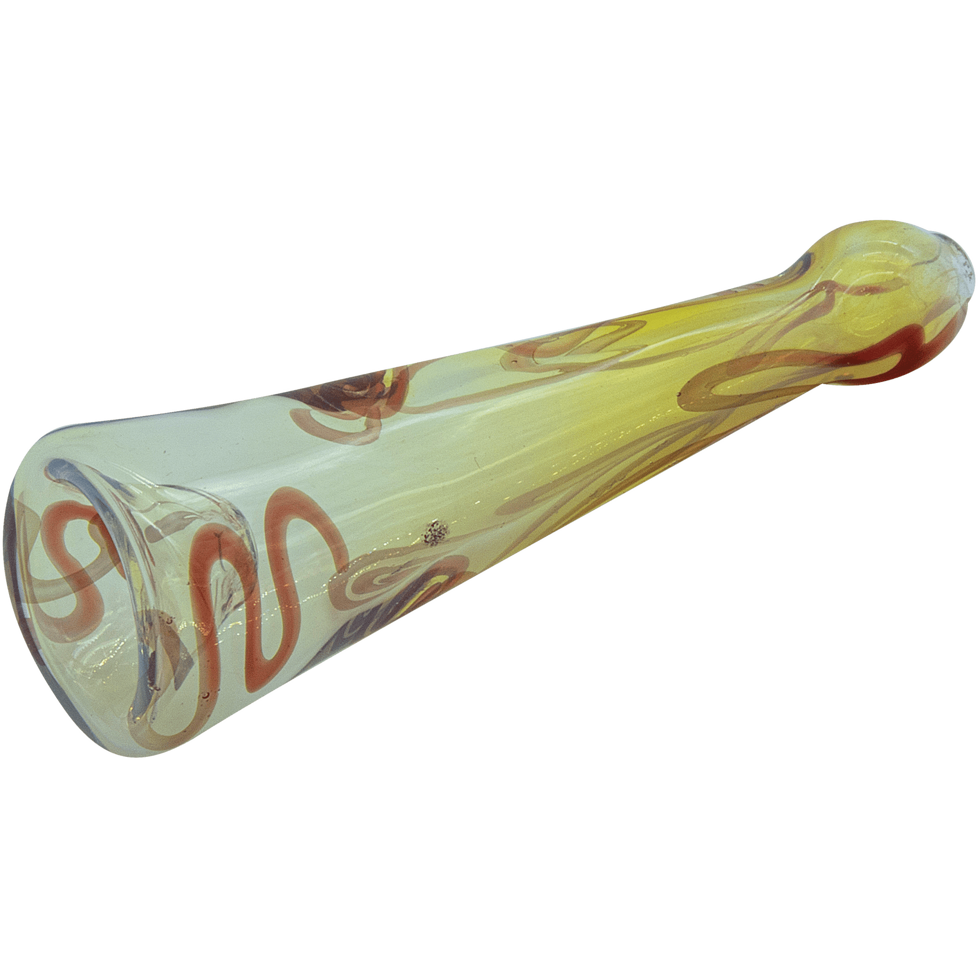 A slightly angled view of the Inside-Out Funnel Chillum herb pipe, showcasing its clear glass construction and slender, funnel-shaped design.